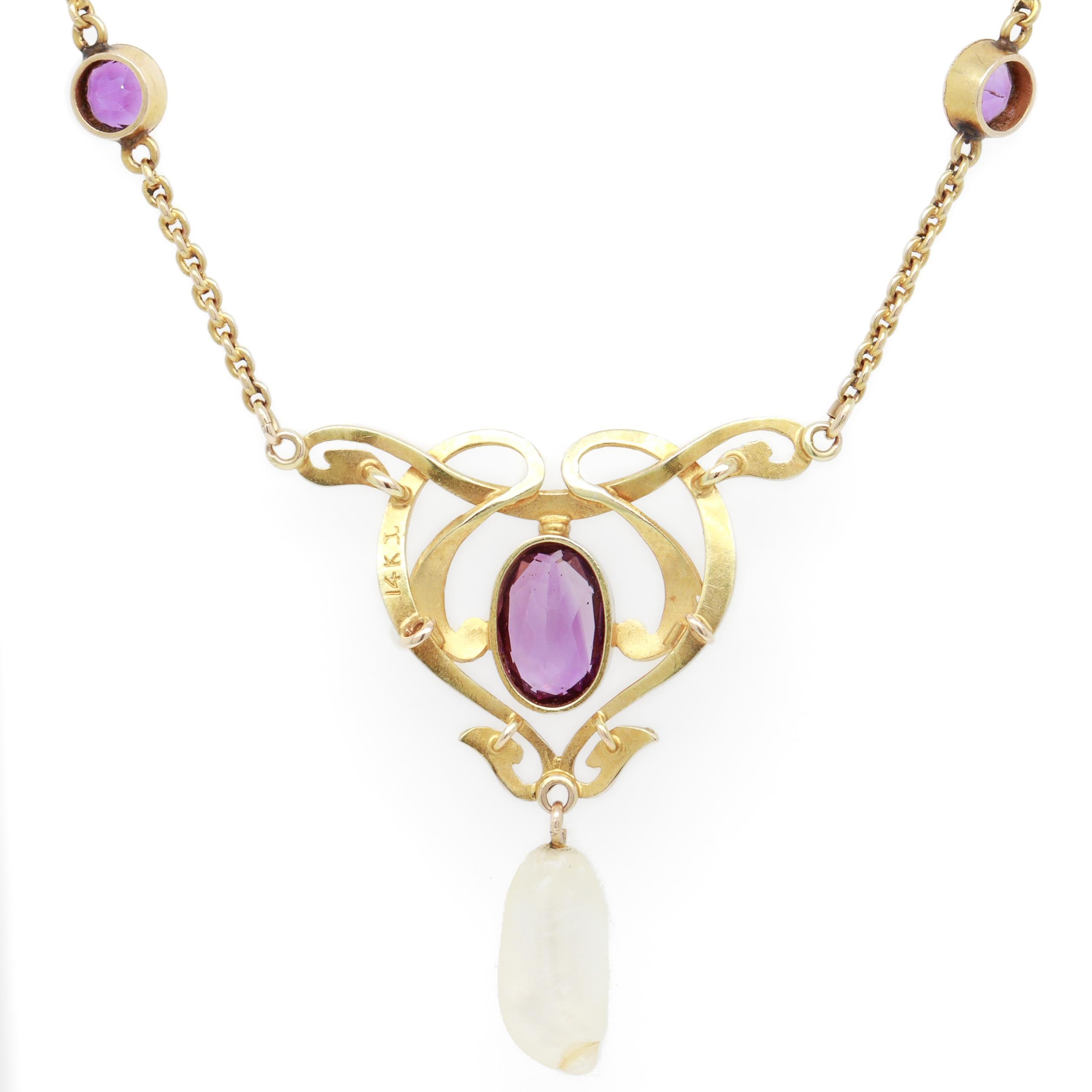 Collana Lavalier firmata Art Nouveau Krementz in oro 14K, ametista, perla e smalto in vendita 9