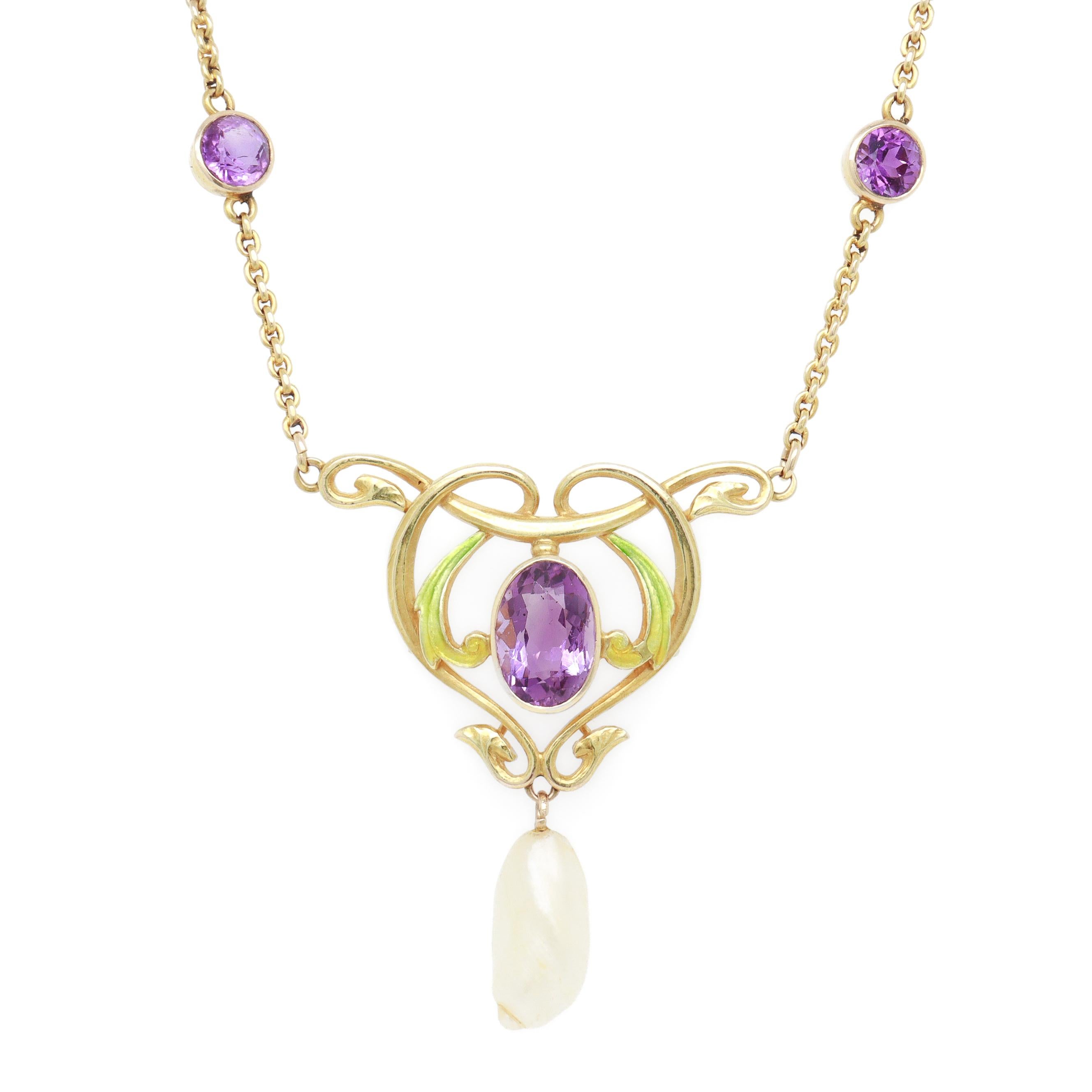 Donna Collana Lavalier firmata Art Nouveau Krementz in oro 14K, ametista, perla e smalto in vendita