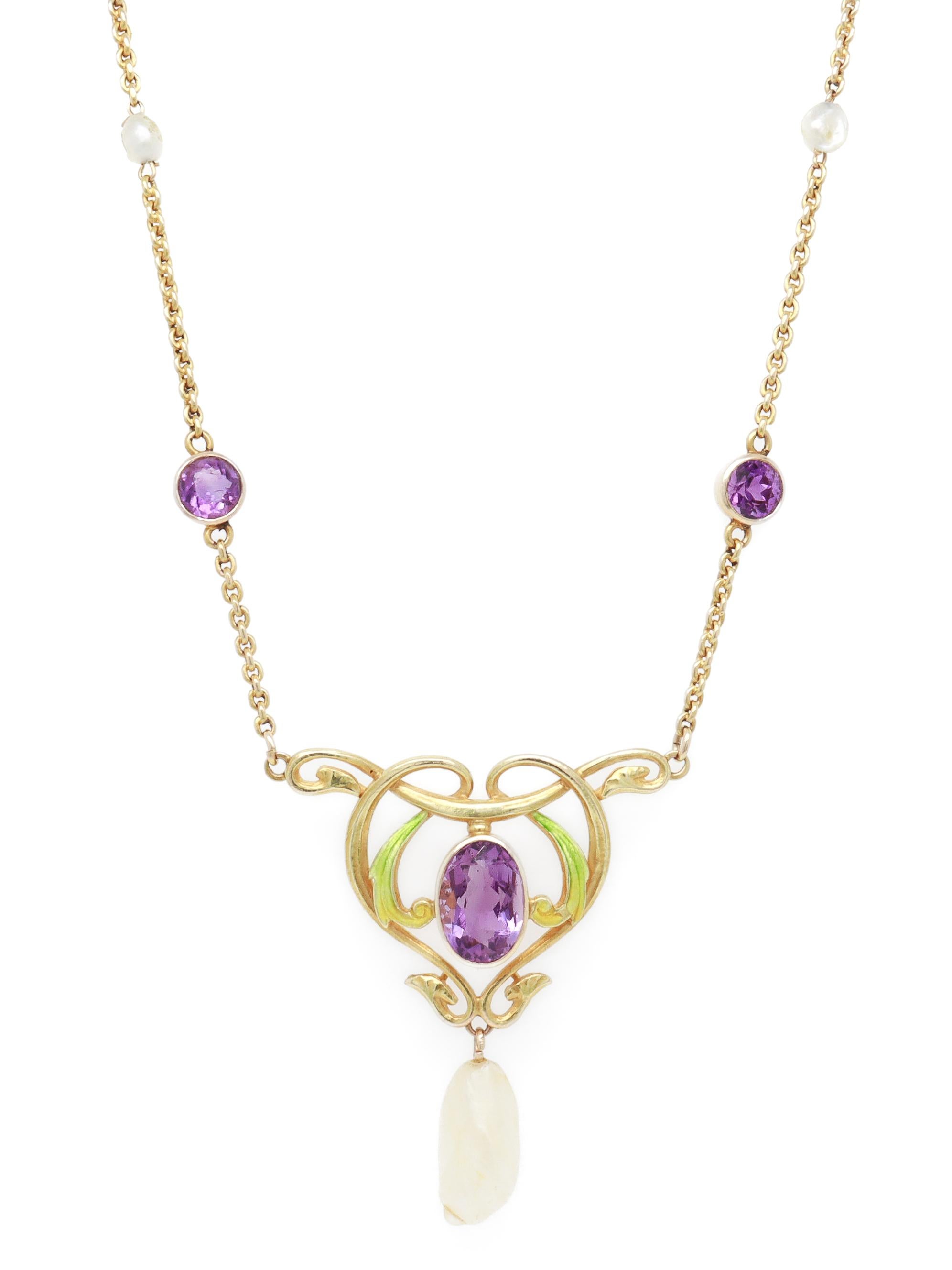 Collana Lavalier firmata Art Nouveau Krementz in oro 14K, ametista, perla e smalto in vendita 1