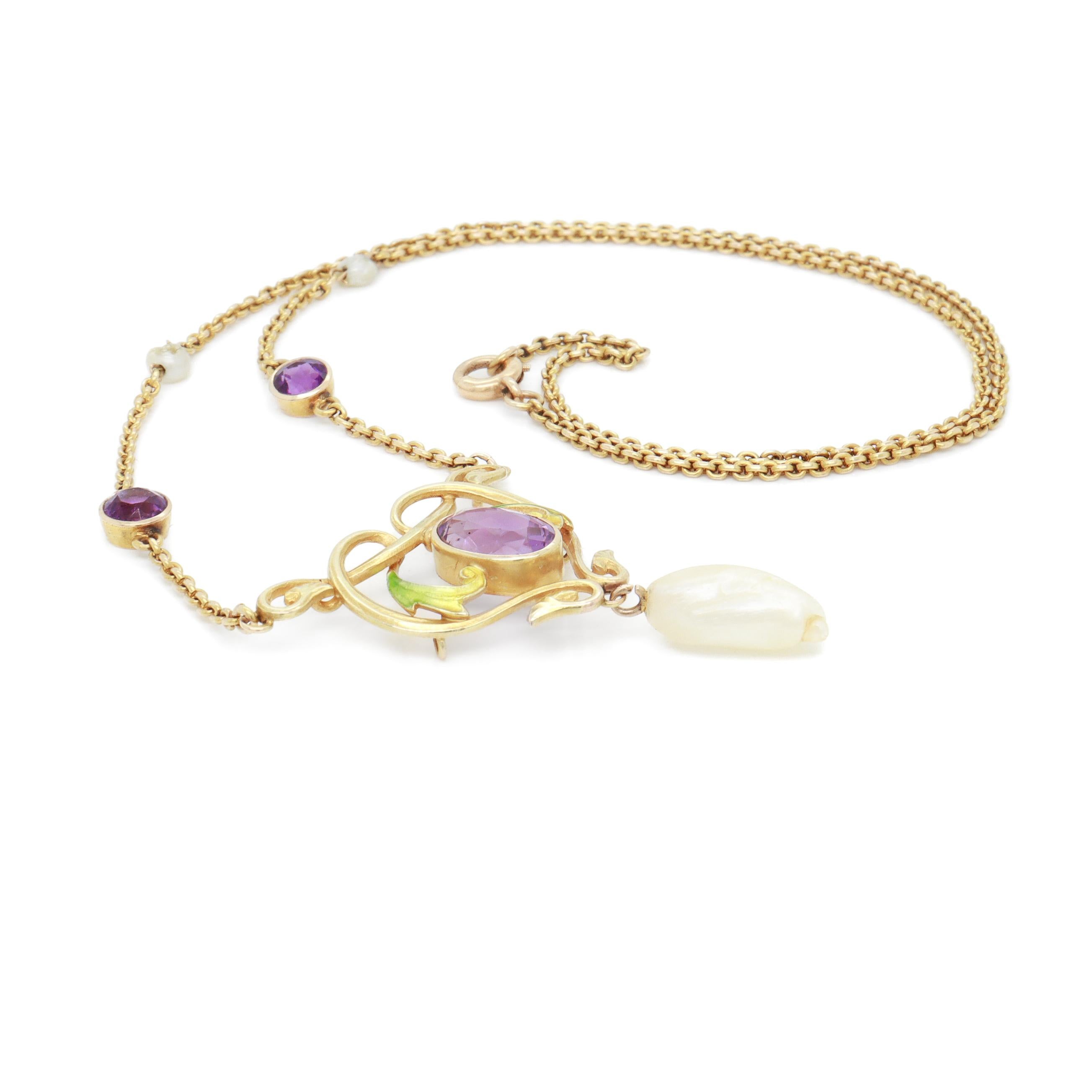 Collana Lavalier firmata Art Nouveau Krementz in oro 14K, ametista, perla e smalto in vendita 2