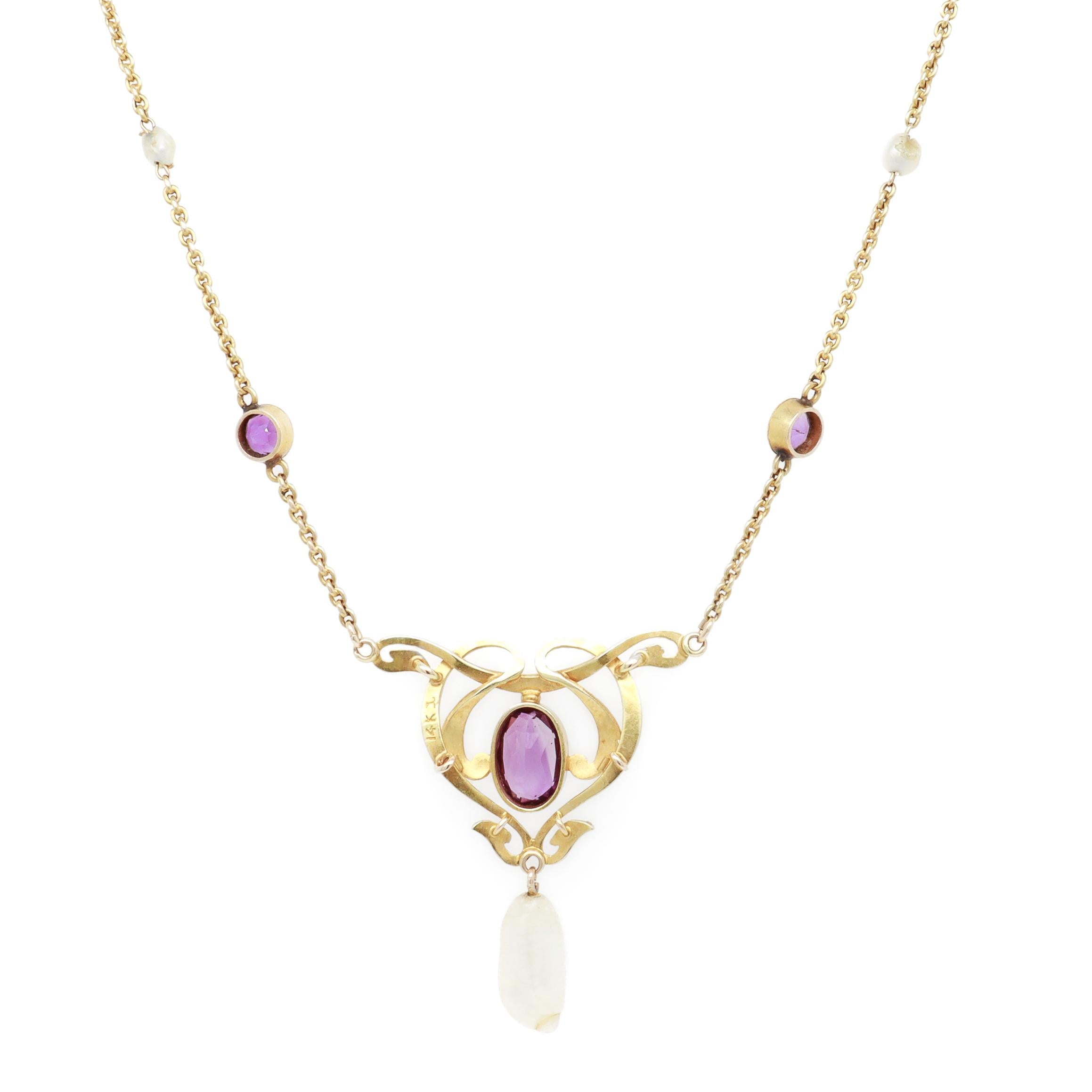 Collana Lavalier firmata Art Nouveau Krementz in oro 14K, ametista, perla e smalto in vendita 3