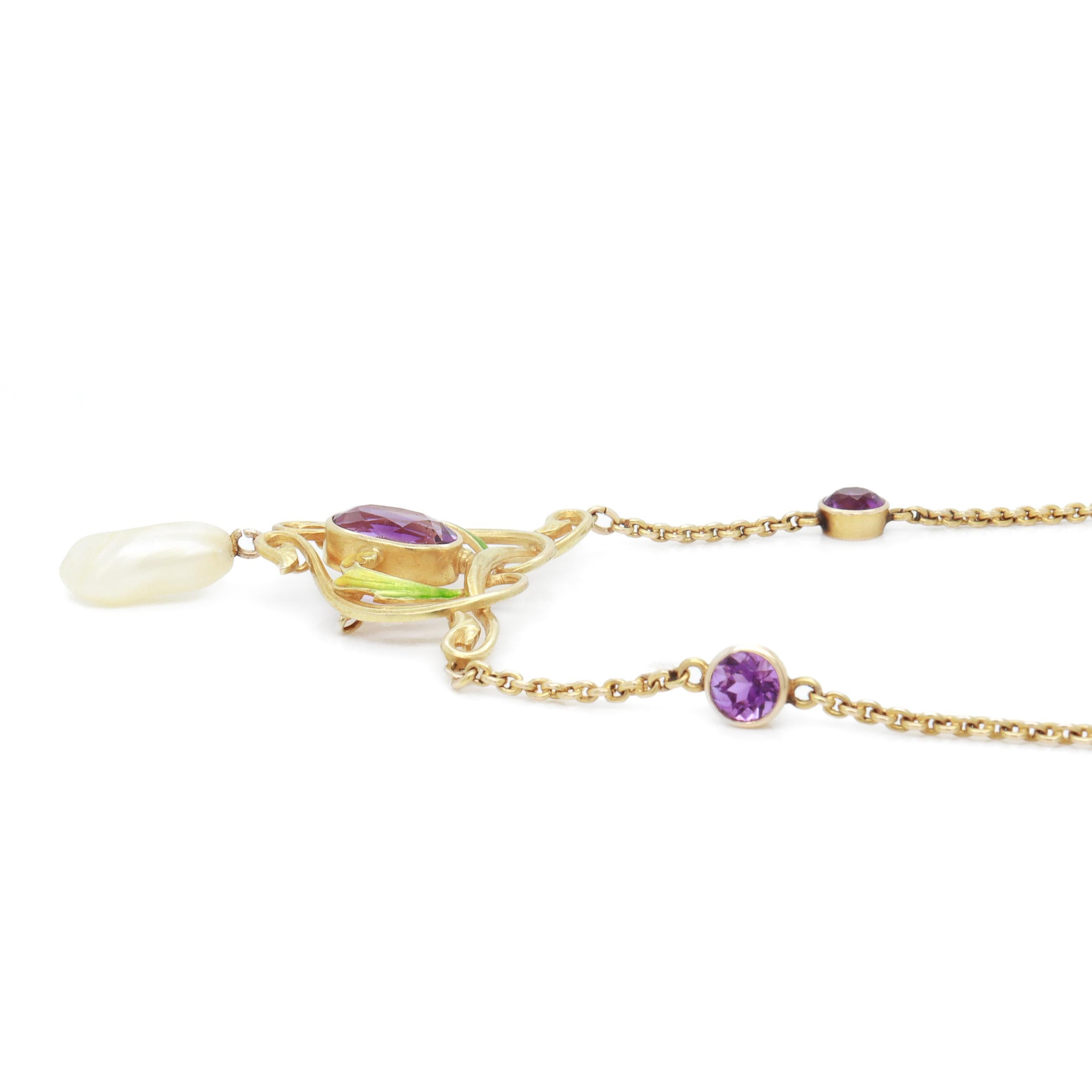 Collana Lavalier firmata Art Nouveau Krementz in oro 14K, ametista, perla e smalto in vendita 4