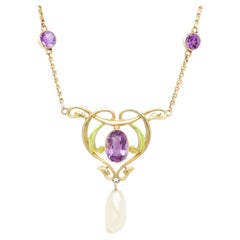 Signed Art Nouveau Krementz 14K Gold, Amethyst, Pearl & Enamel Lavalier Necklace