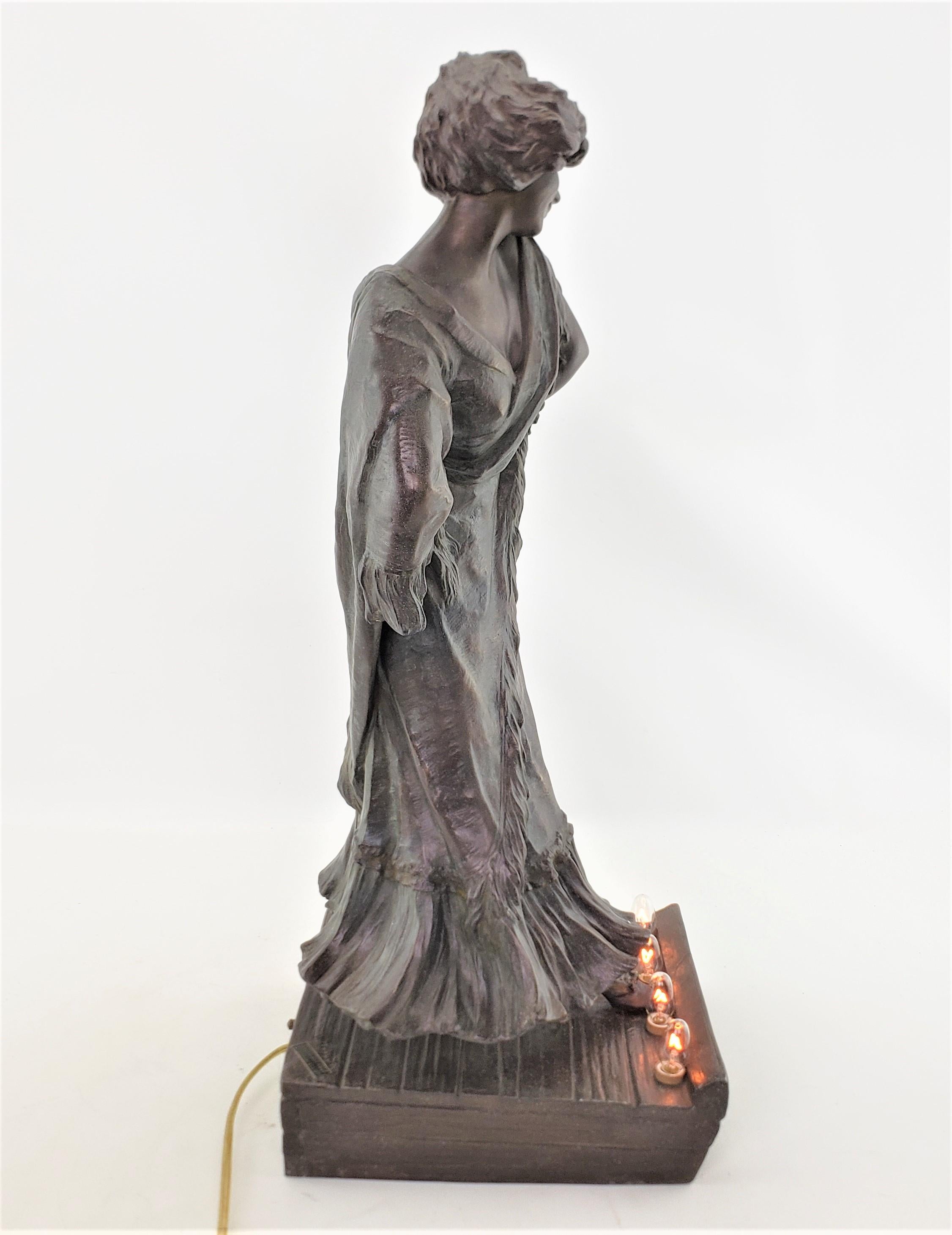Signed Art Nouveau Patinated Spelter Lighted Sculpture of Loie Fuller or Lamp For Sale 3
