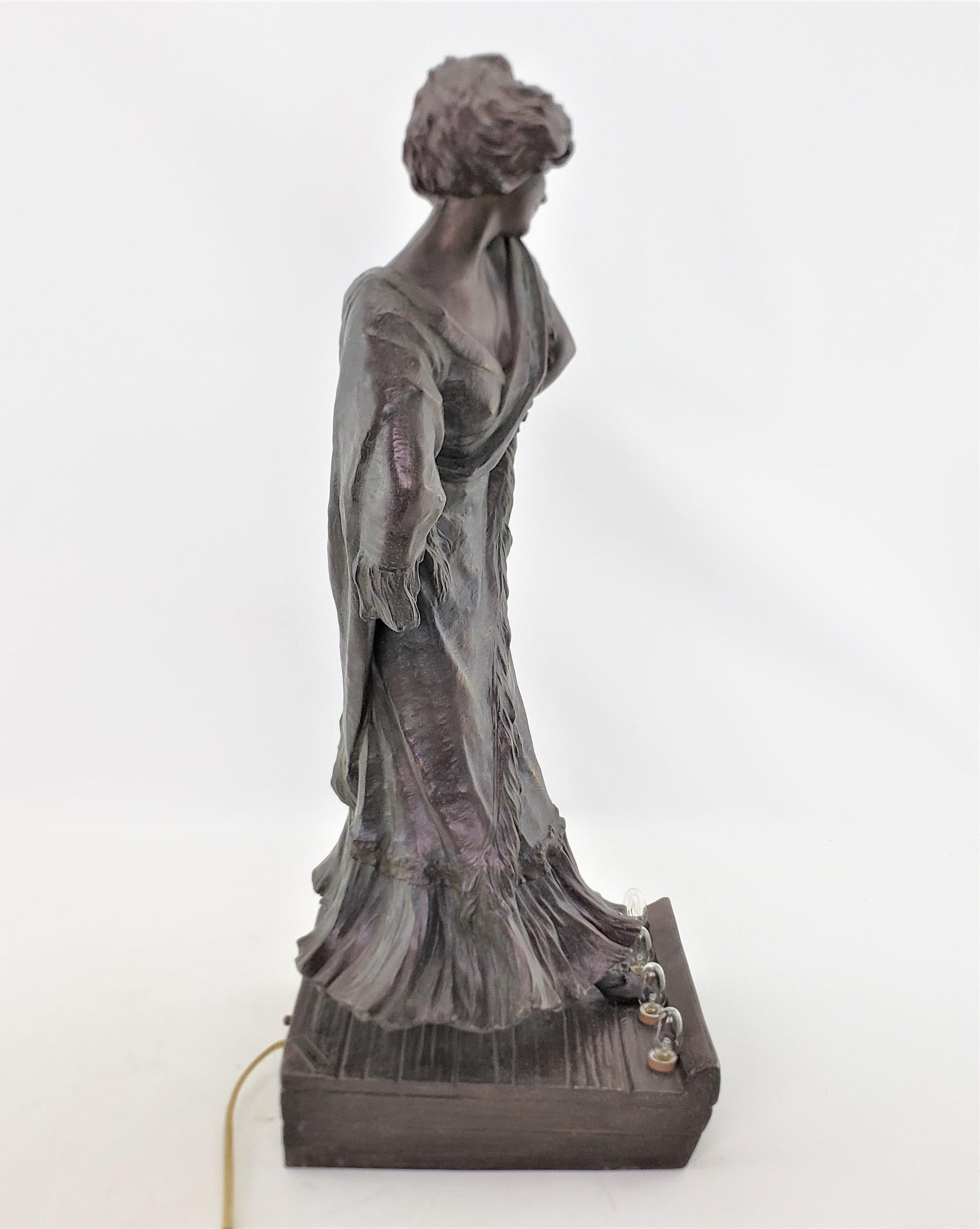 Signed Art Nouveau Patinated Spelter Lighted Sculpture of Loie Fuller or Lamp For Sale 4