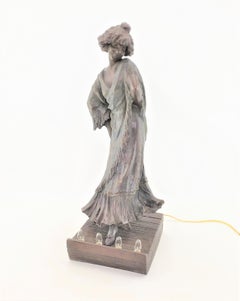Signed Art Nouveau Patinated Spelter Lighted Sculpture of Loie Fuller or Lamp