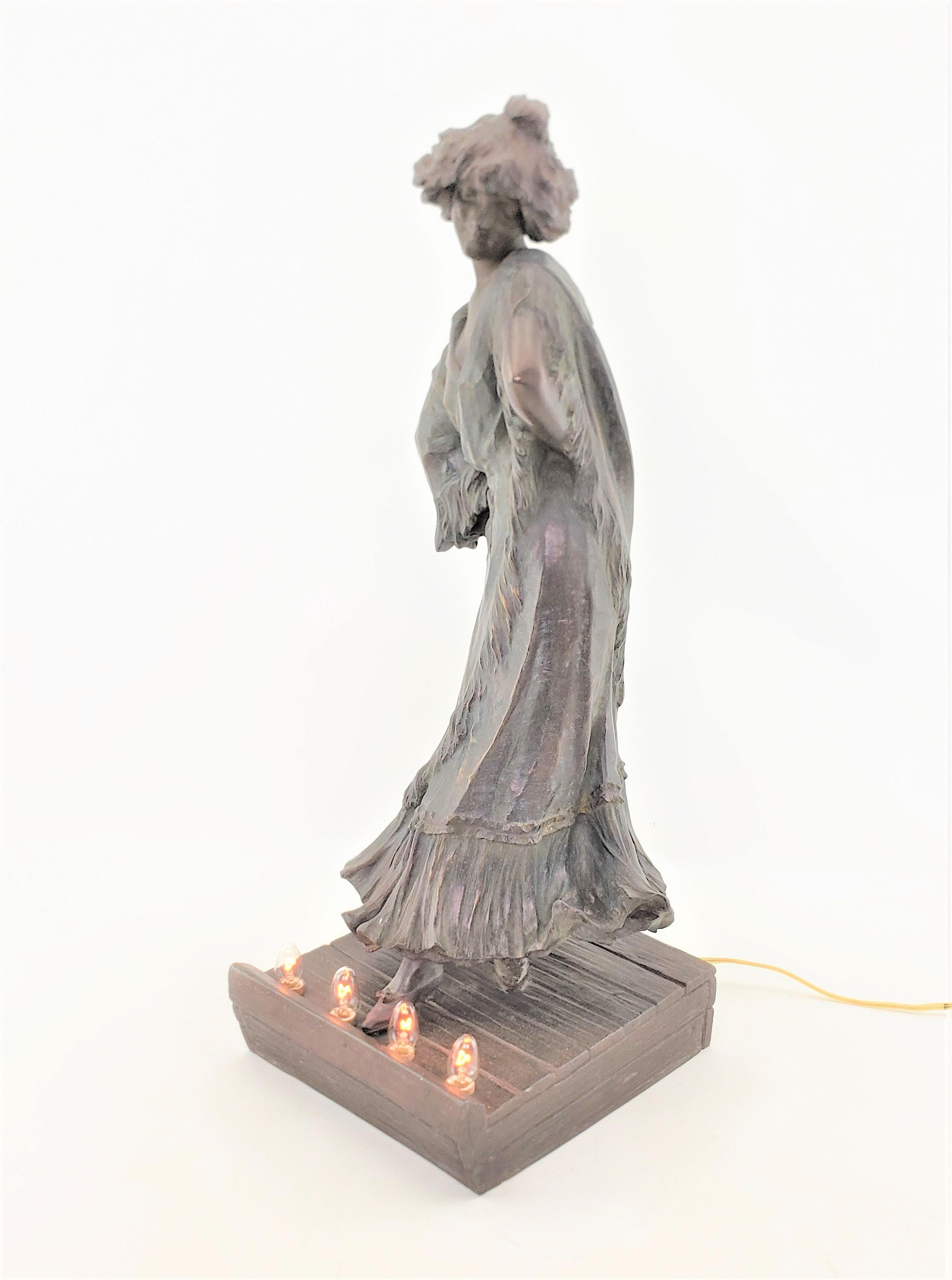 20th Century Signed Art Nouveau Patinated Spelter Lighted Sculpture of Loie Fuller or Lamp For Sale