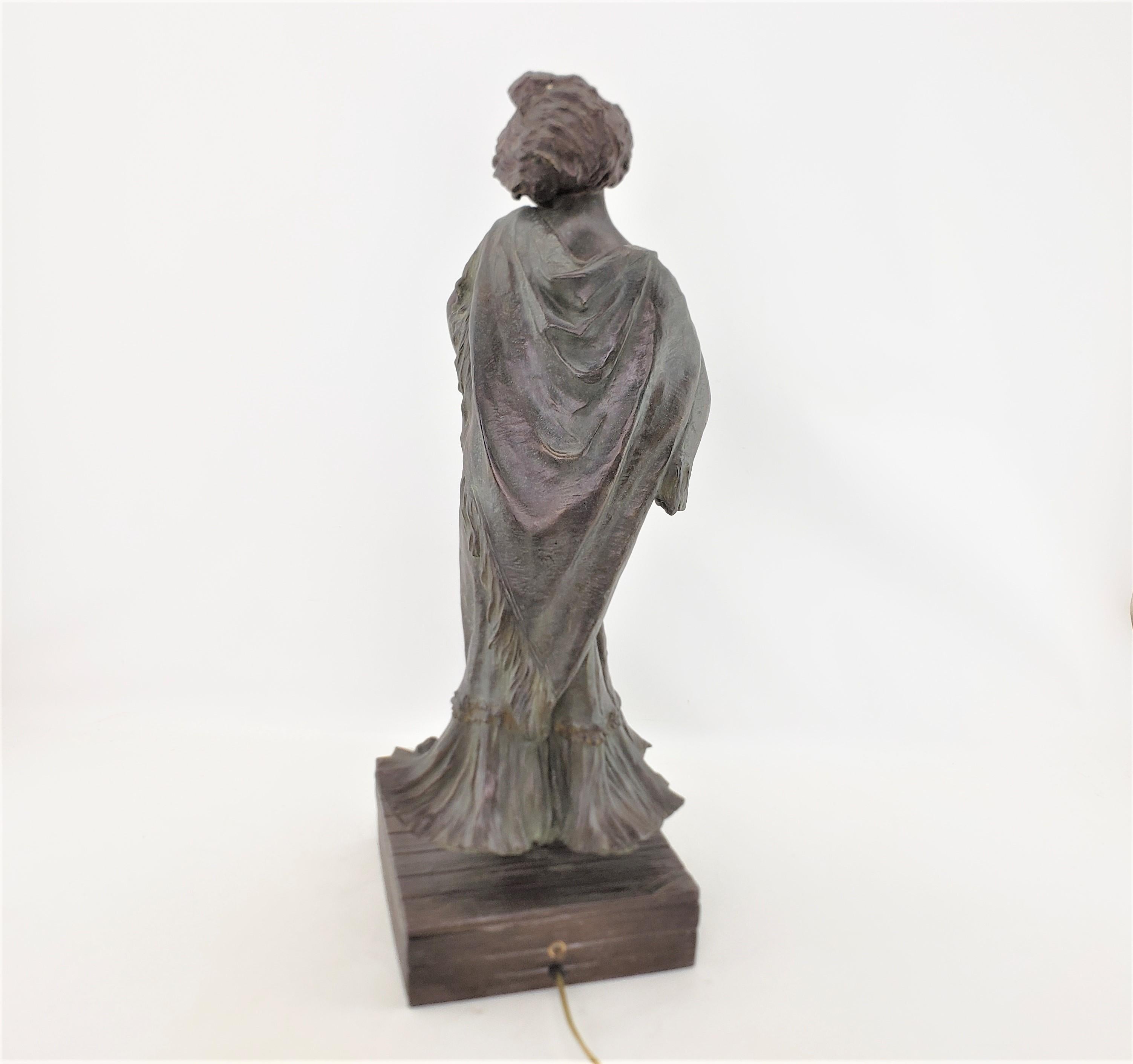 Signed Art Nouveau Patinated Spelter Lighted Sculpture of Loie Fuller or Lamp For Sale 1