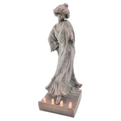 Signed Art Nouveau Patinated Spelter Lighted Sculpture of Loie Fuller or Lamp