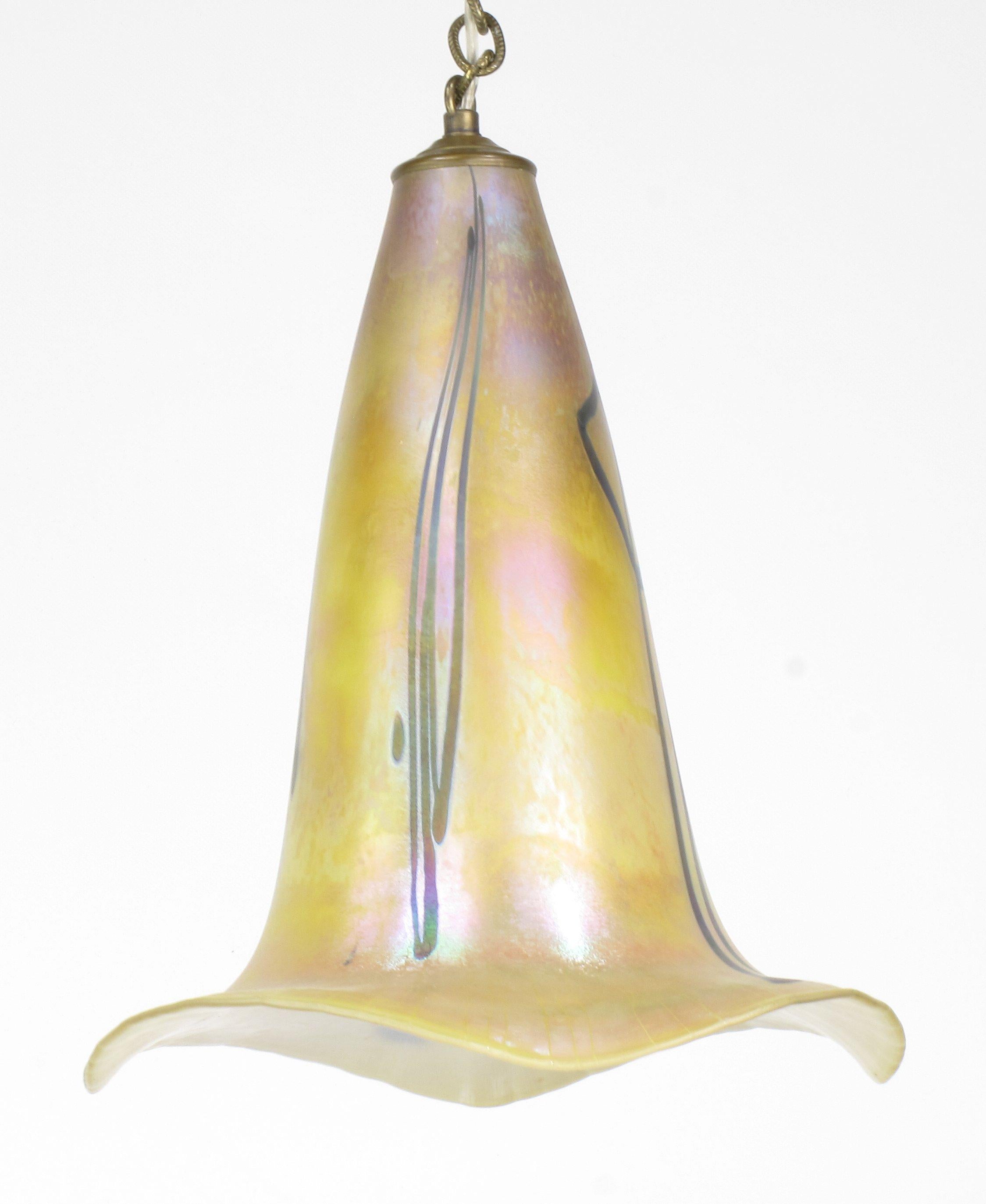 Brass Signed Art Nouveau Sculptural Glass Pendant Light