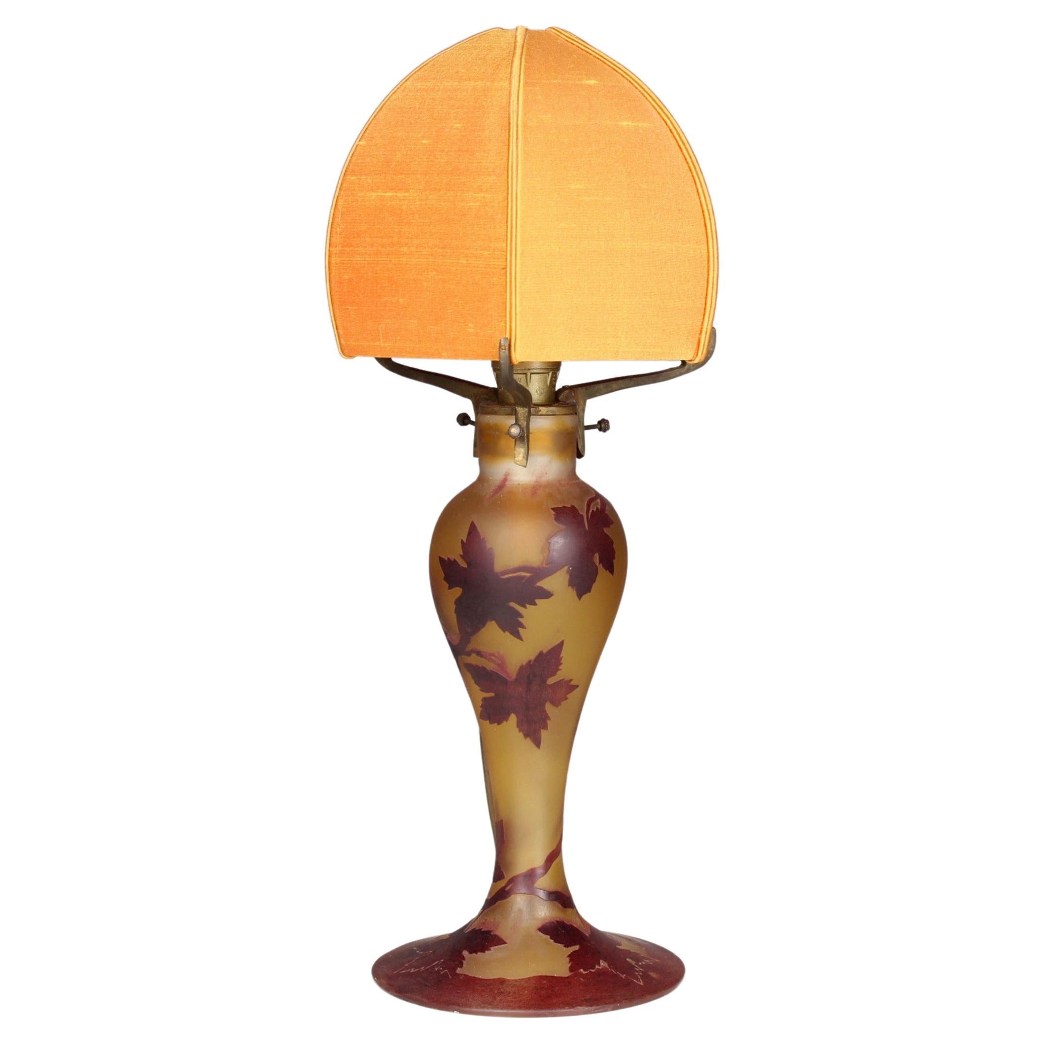 Signed Art Nouveau Table Lamp By Bendor, Painted Glas, Grape Leaves, France