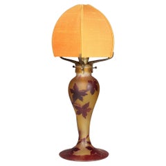 Signed Art Nouveau Table Lamp By Bendor, Painted Glas, Grape Leaves, France