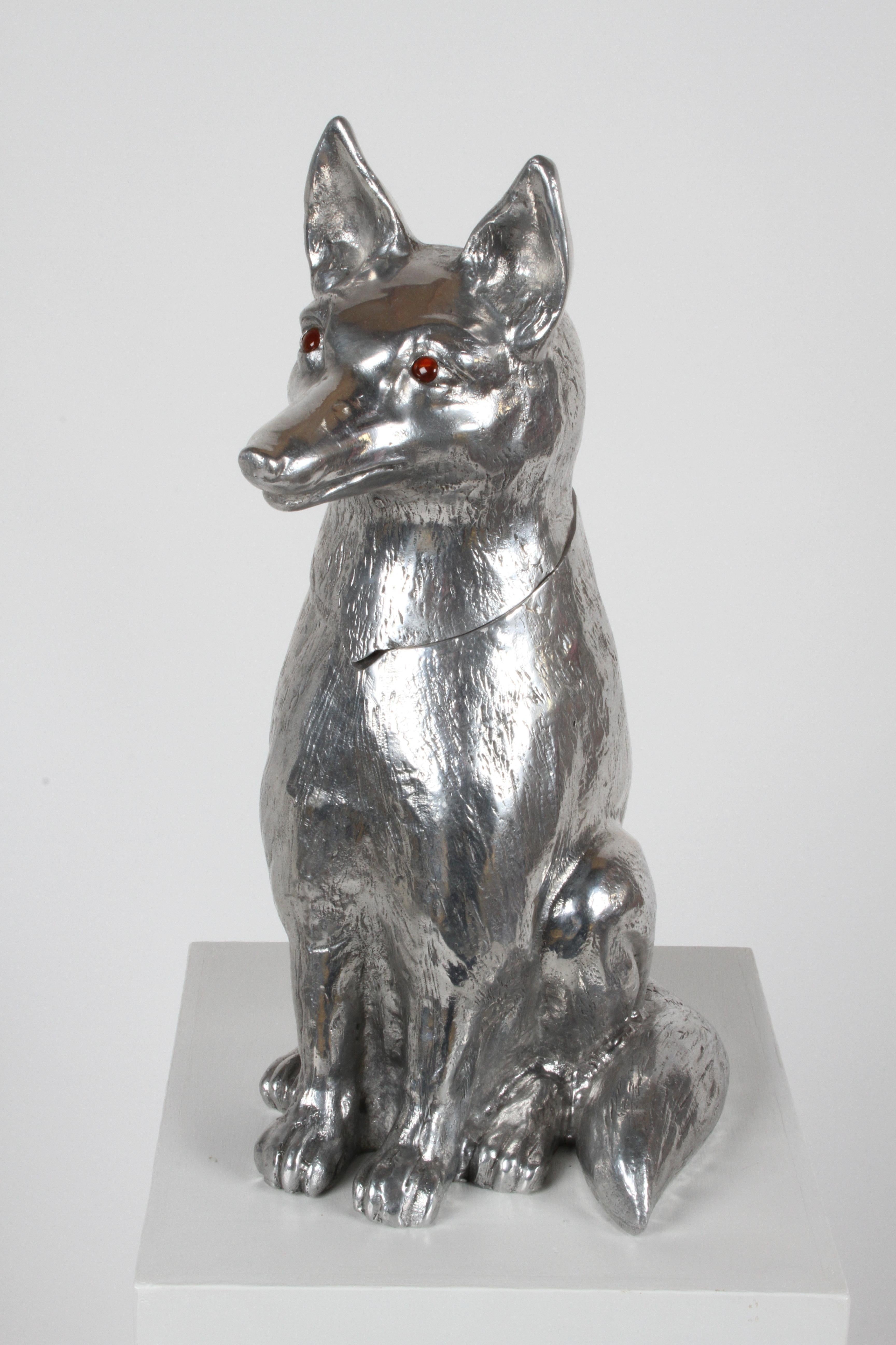 Arthur Court (1928-2015) Mid-Century Modern aluminum accessory designer. Aluminum barware, wine or ice cooler in the form of a fox, wolf or dog, with hinged head and glass eyes, signed Arthur Court 1986. In excellent original condition. Light to no