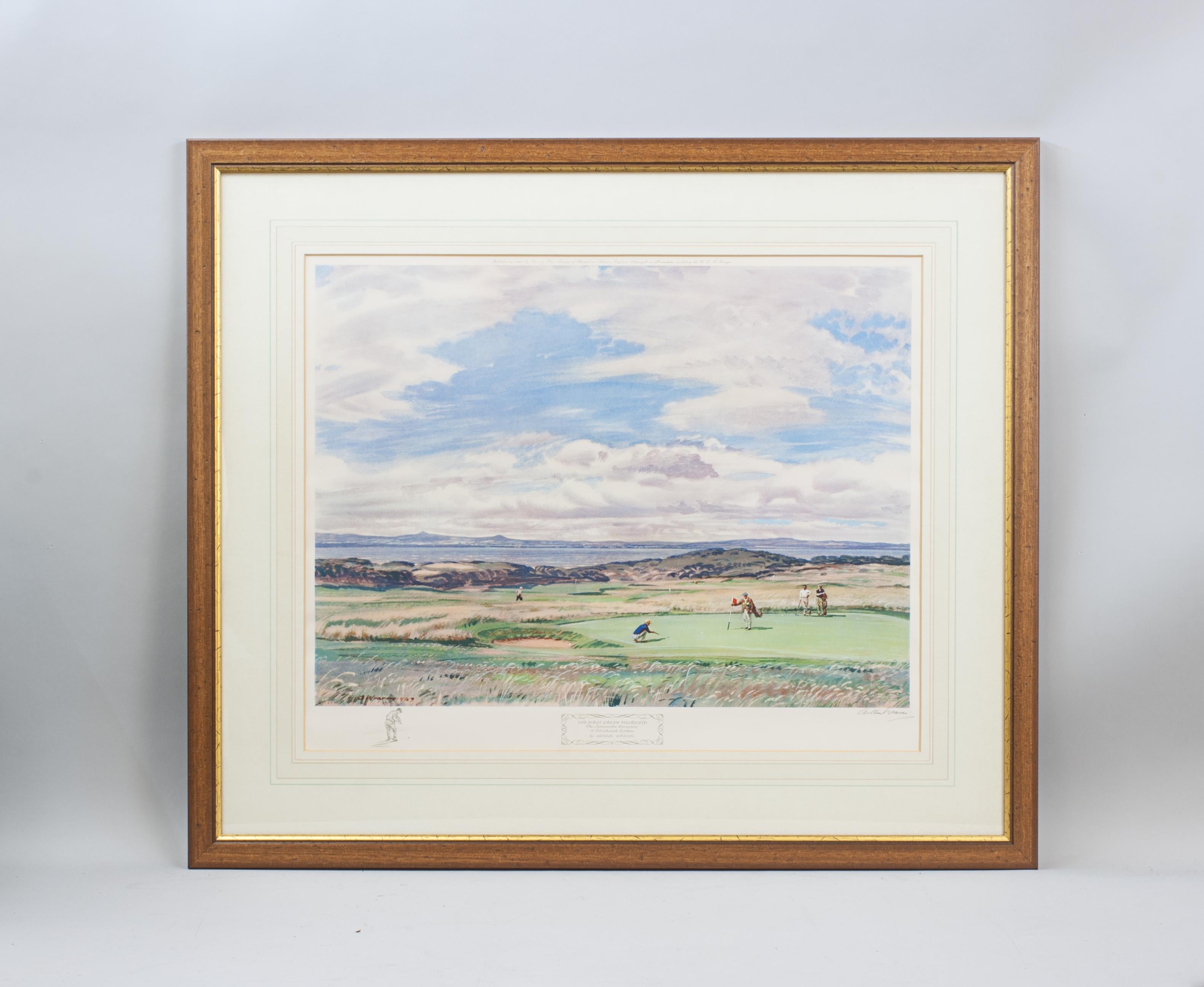 Golf Print By Arthur Weaver, First Green Muirfield.
A colourful golf lithograph signed by the artist, Arthur Weaver. Titled 'First Green Muirfield, The Honourable Company Of Edinburgh Golfers' by Arthur Weaver. The print is signed in pencil by the