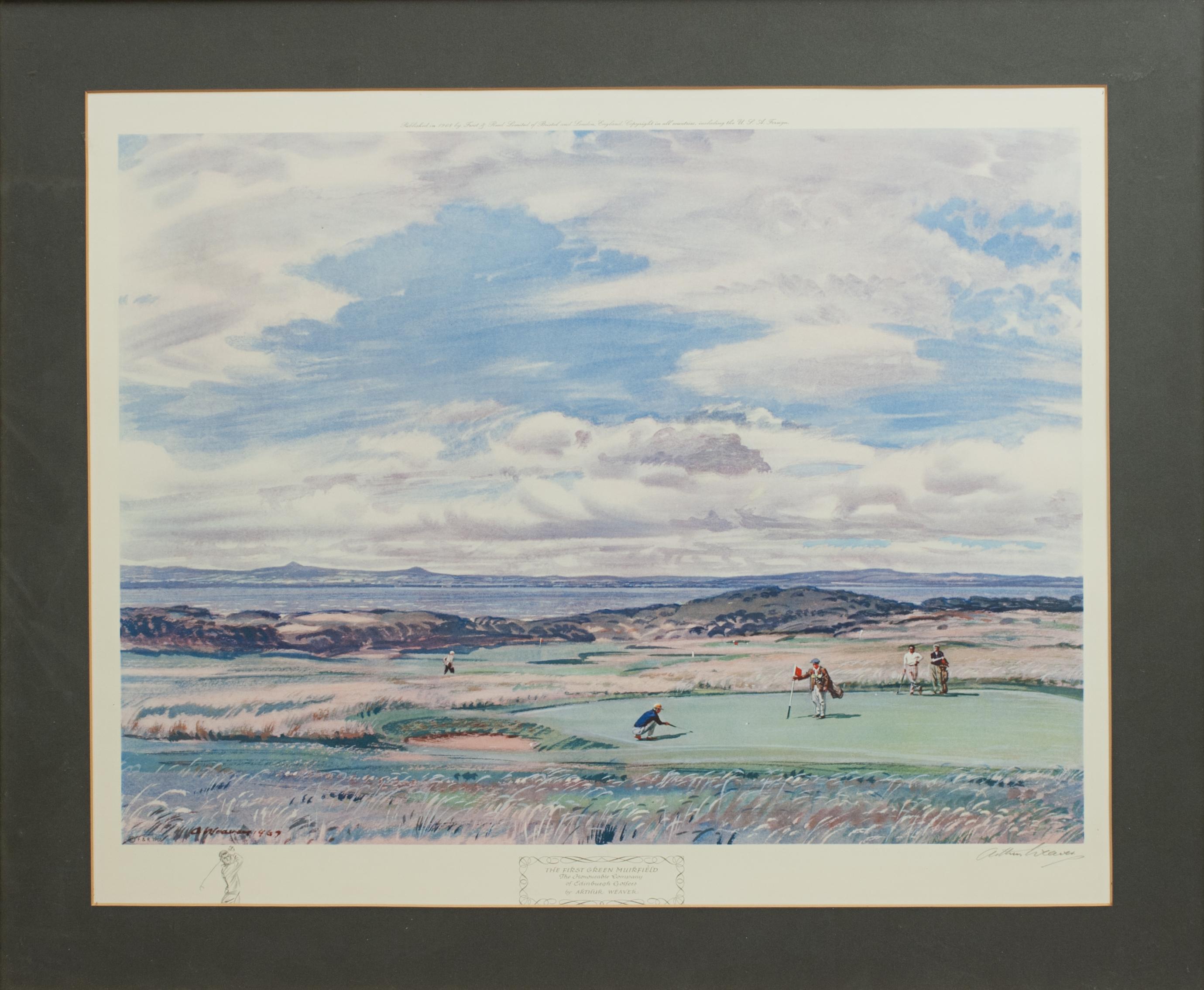 Golf print by Arthur Weaver, First Green Muirfield.
Colourful golf print 'First Green Muirfield, The Honourable Company Of Edinburgh Golfers' by Arthur Weaver, published 1968 by Frost & Reed Limited of Bristol and London. The print is signed in
