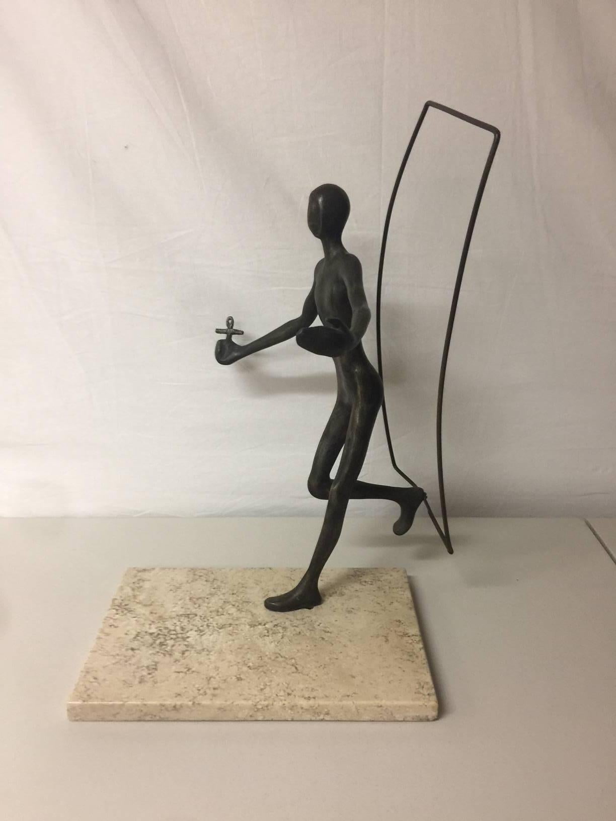 Mid-Century Modern Signed Artist Proof Figurative Bronze on Travertine Base by Victor Salmones For Sale