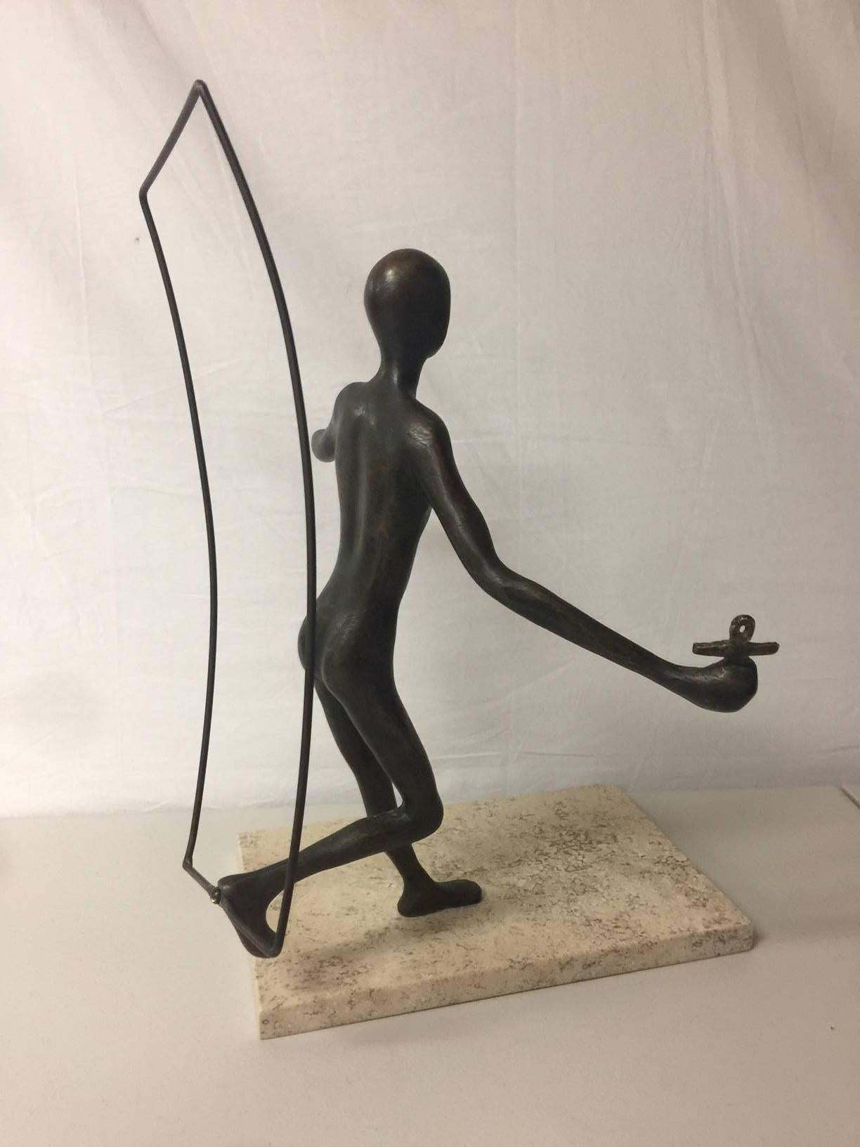 Signed Artist Proof Figurative Bronze on Travertine Base by Victor Salmones In Excellent Condition For Sale In San Diego, CA
