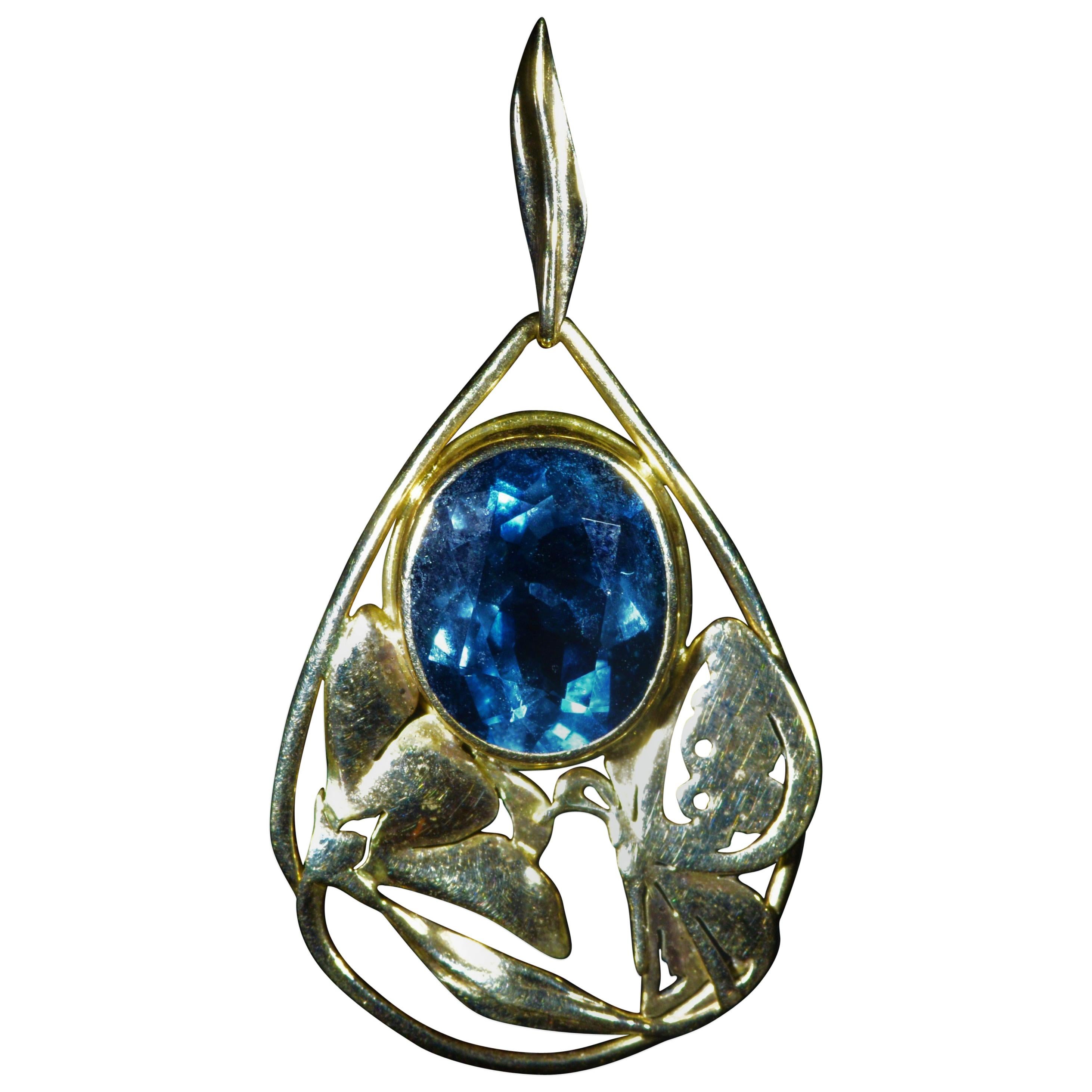 Signed Arts & Crafts Period Blue Topaz Pendant in 14 Karat Yellow Gold For Sale