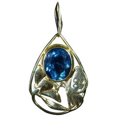 Signed Arts & Crafts Period Blue Topaz Pendant in 14 Karat Yellow Gold