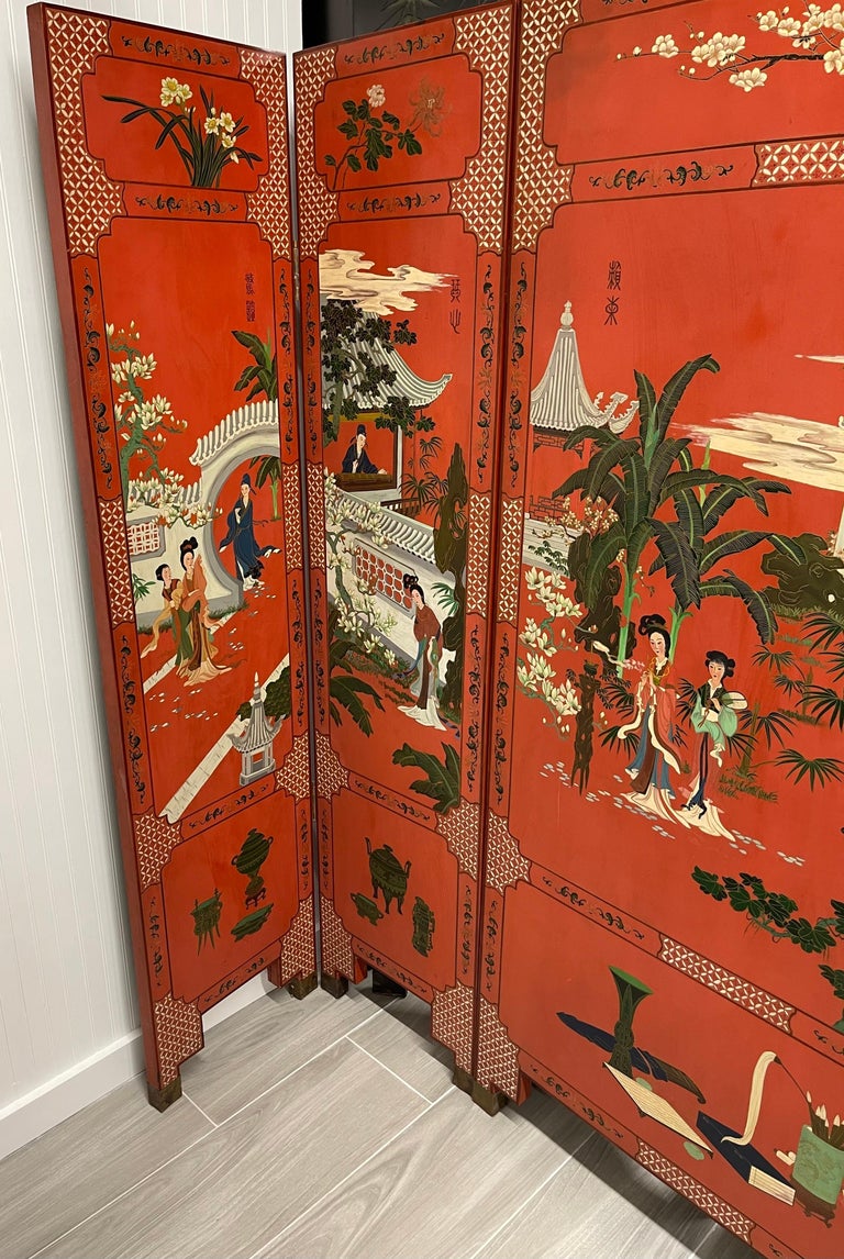 20th Century Signed Asian Chinoiserie Coromandel Red Five Panel Screen Room Divider