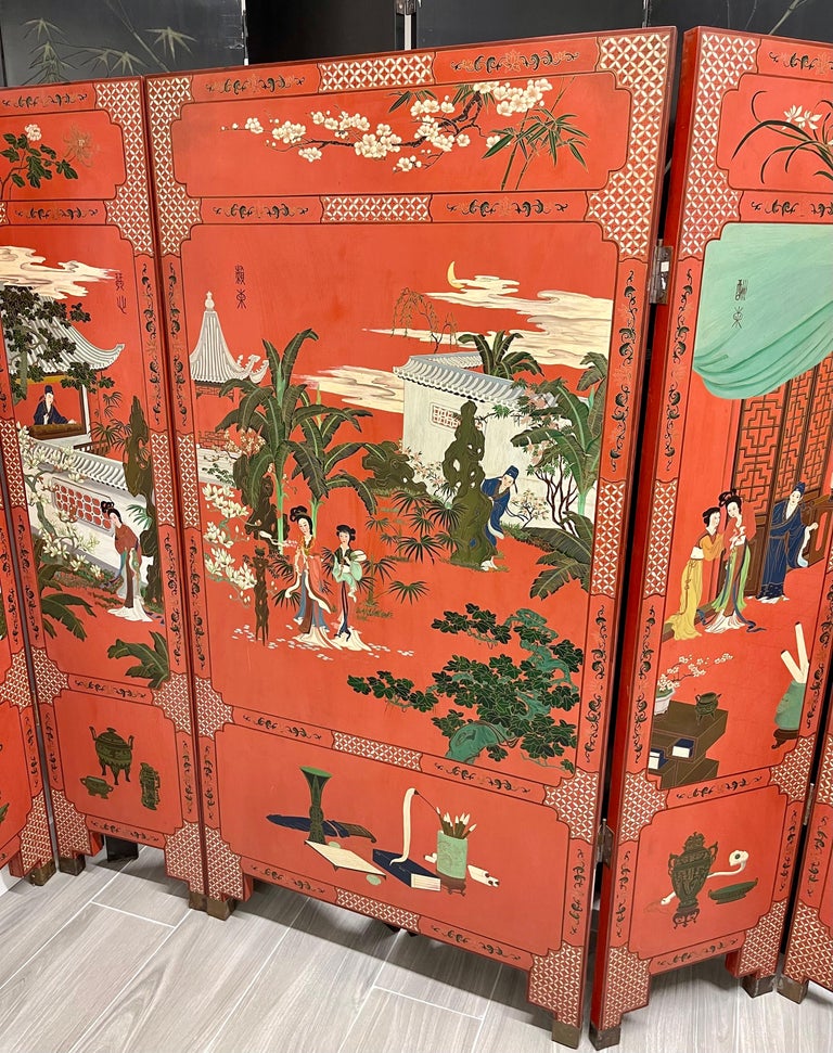 Wood Signed Asian Chinoiserie Coromandel Red Five Panel Screen Room Divider
