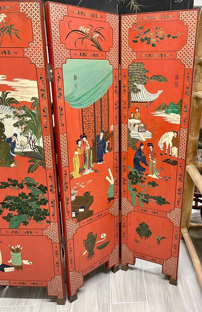 Signed Asian Chinoiserie Coromandel Red Five Panel Screen Room Divider 1