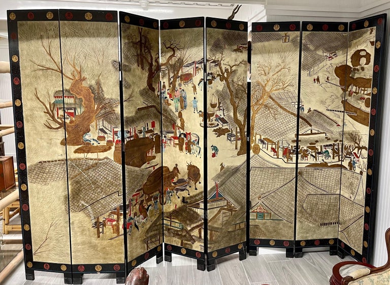 Chinoiserie Signed Asian Coromandel Eight Panel Screen Expandable Room Divider For Sale