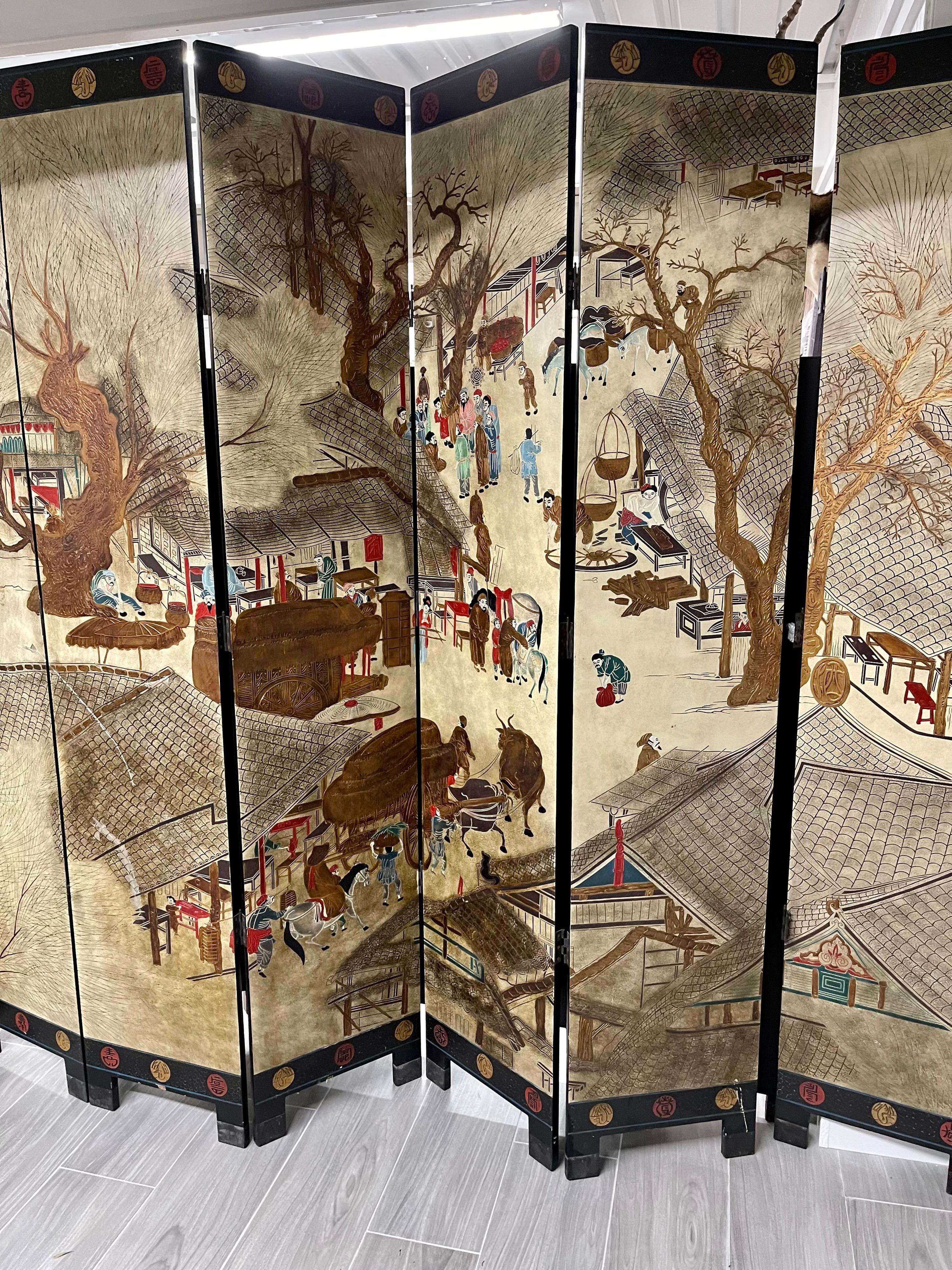 20th Century Signed Asian Coromandel Eight Panel Screen Expandable Room Divider For Sale