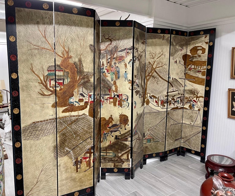 Signed Asian Coromandel Eight Panel Screen Expandable Room Divider For Sale 1