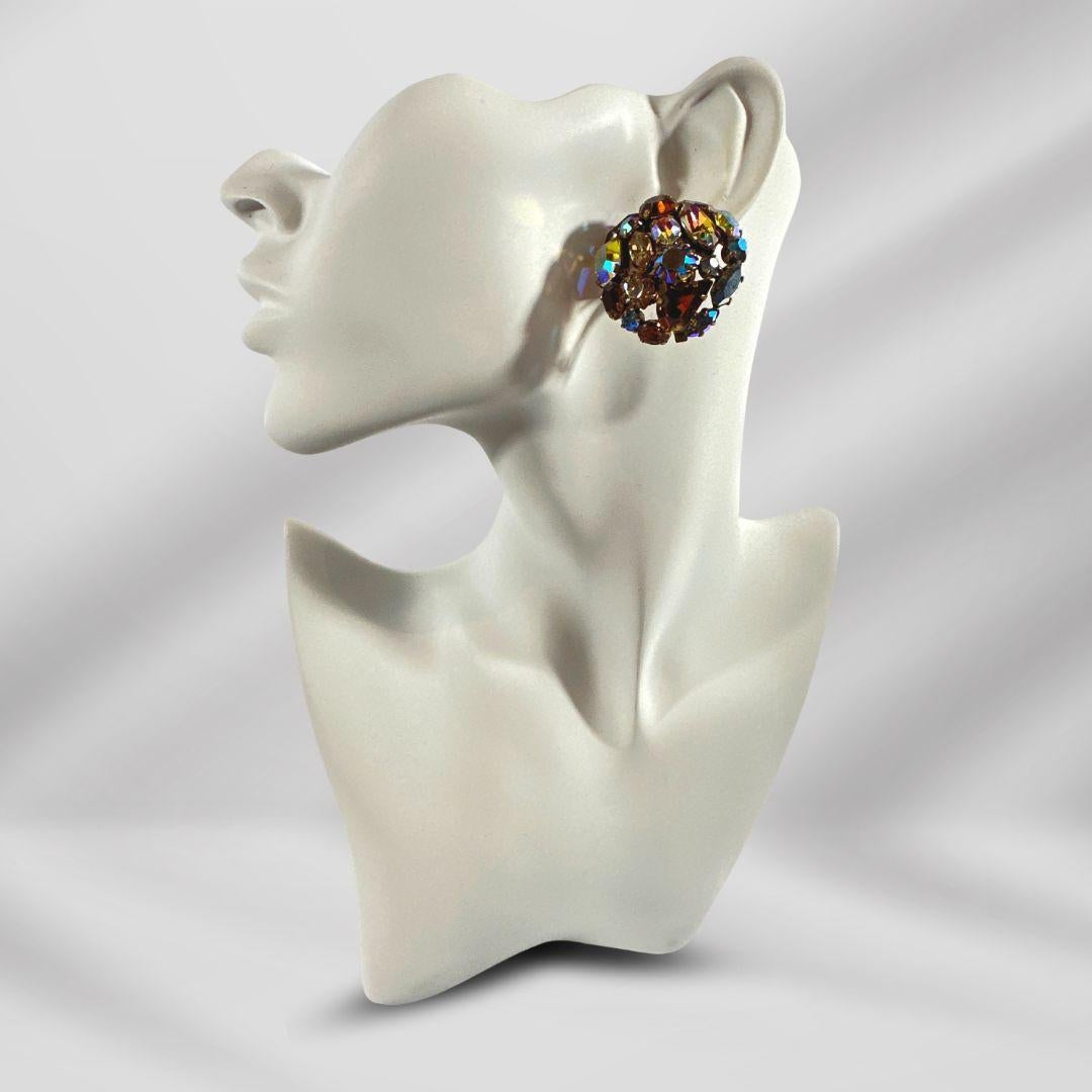 Art Deco Signed Austria Vintage Multi-Color Cut Glass Rhinestone Clip on Earrings For Sale