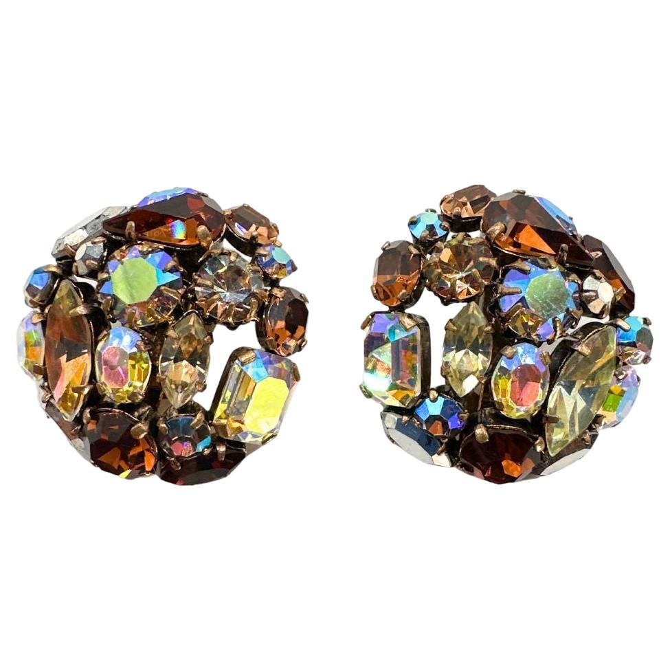 Signed Austria Vintage Multi-Color Cut Glass Rhinestone Clip on Earrings For Sale