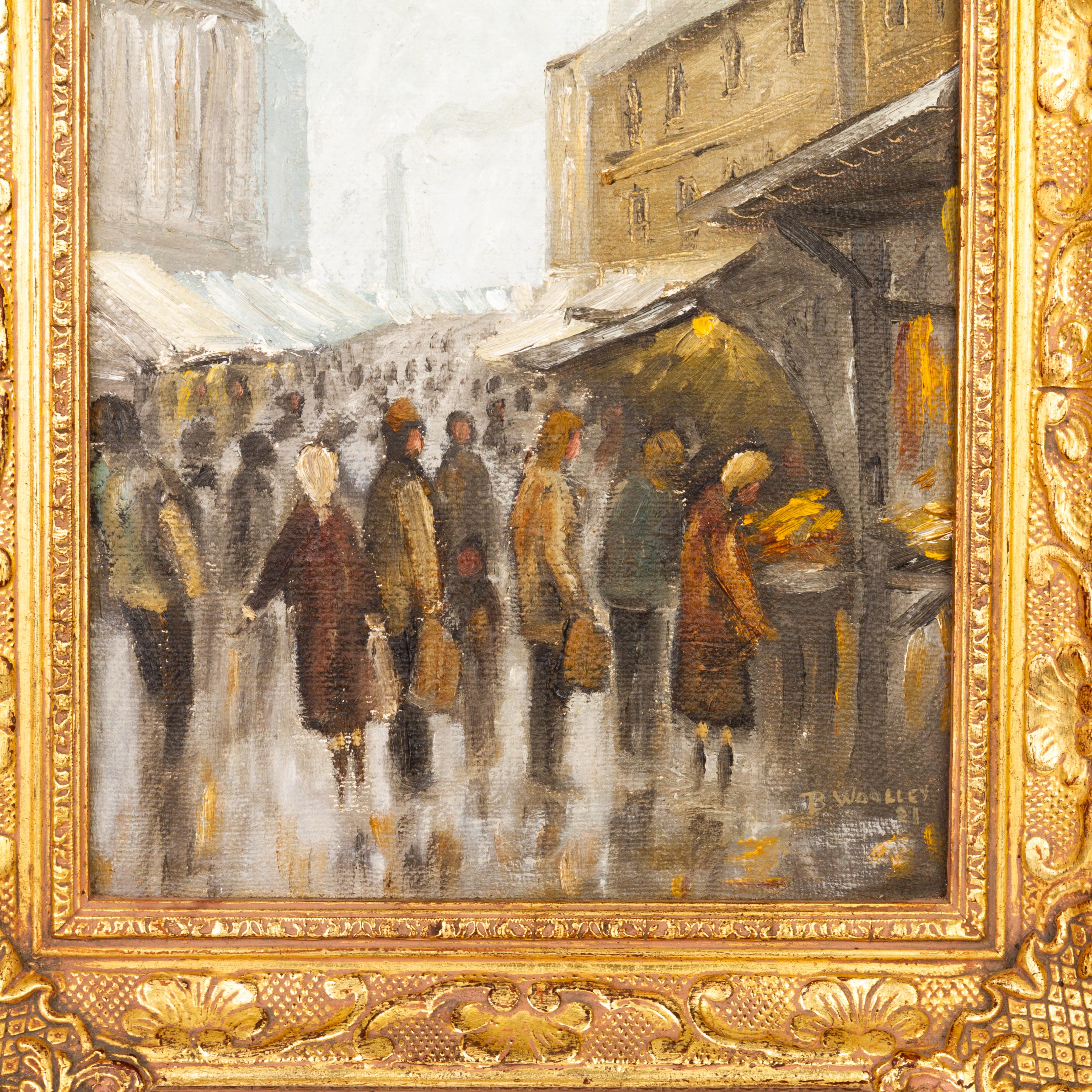 In good condition
From a private collection
Free international shipping
Signed B. Wooley Impressionist Market Street Oil Painting