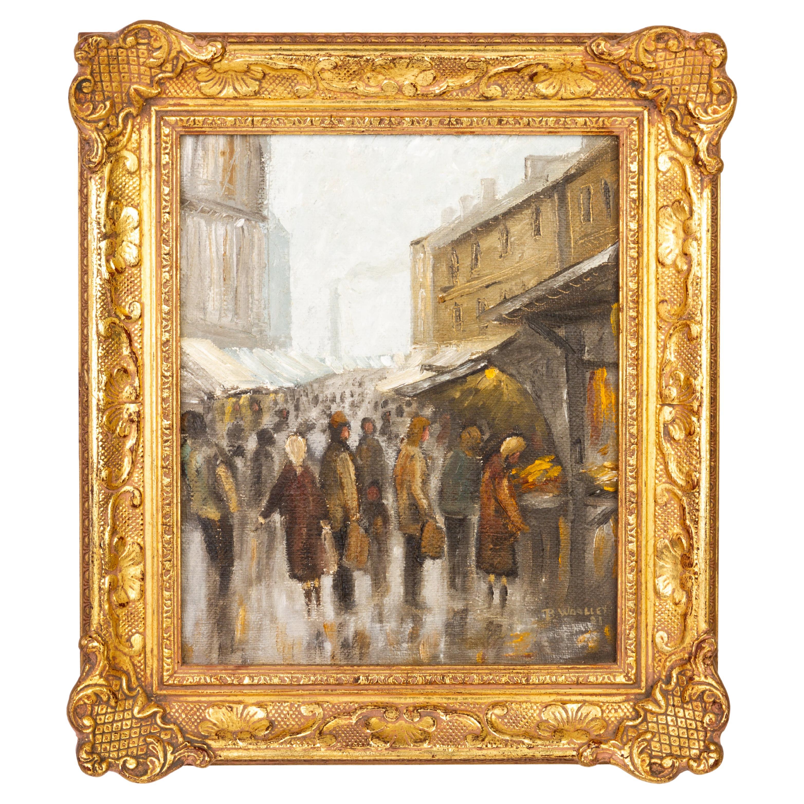 Signed B. Wooley Impressionist Market Street Oil Painting