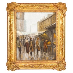 Vintage Signed B. Wooley Impressionist Market Street Oil Painting