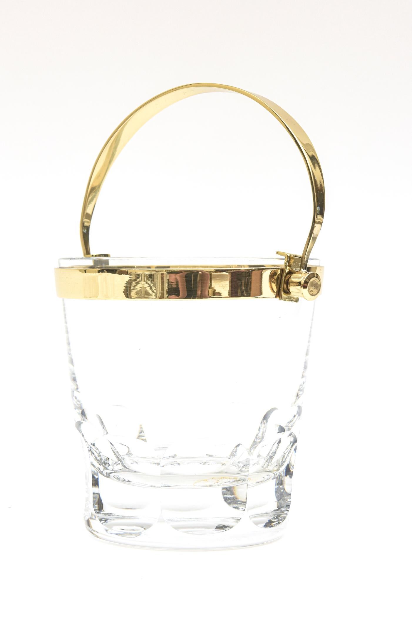 Mid-20th Century Baccarat Crystal Glass and Brass Modernist Ice Bucket Barware Vintage