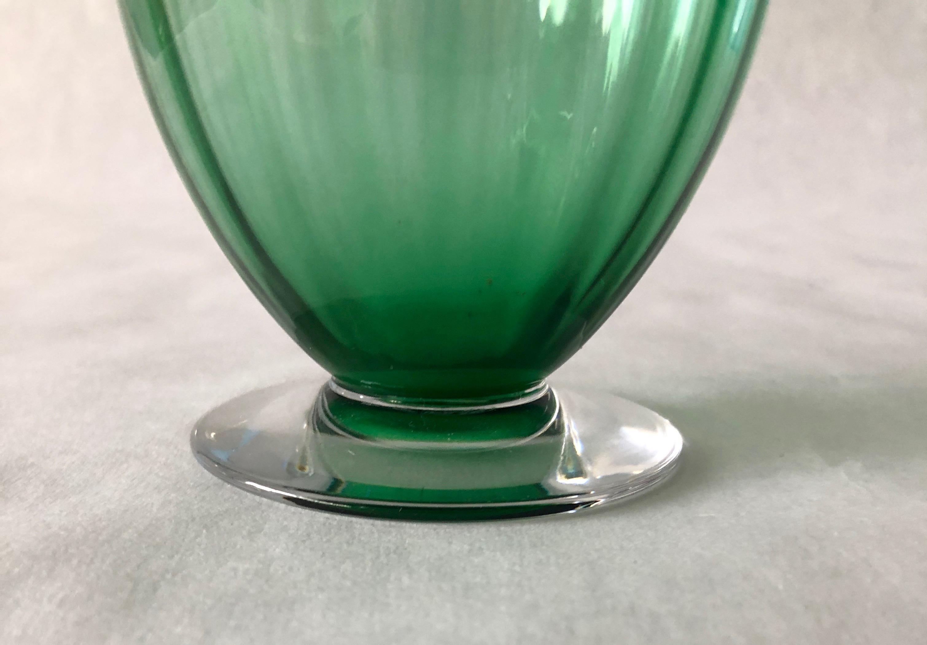 Blown Glass Signed Baccarat Emerald Green Crystal with Clear Stem Ribbed Baluster Vase For Sale