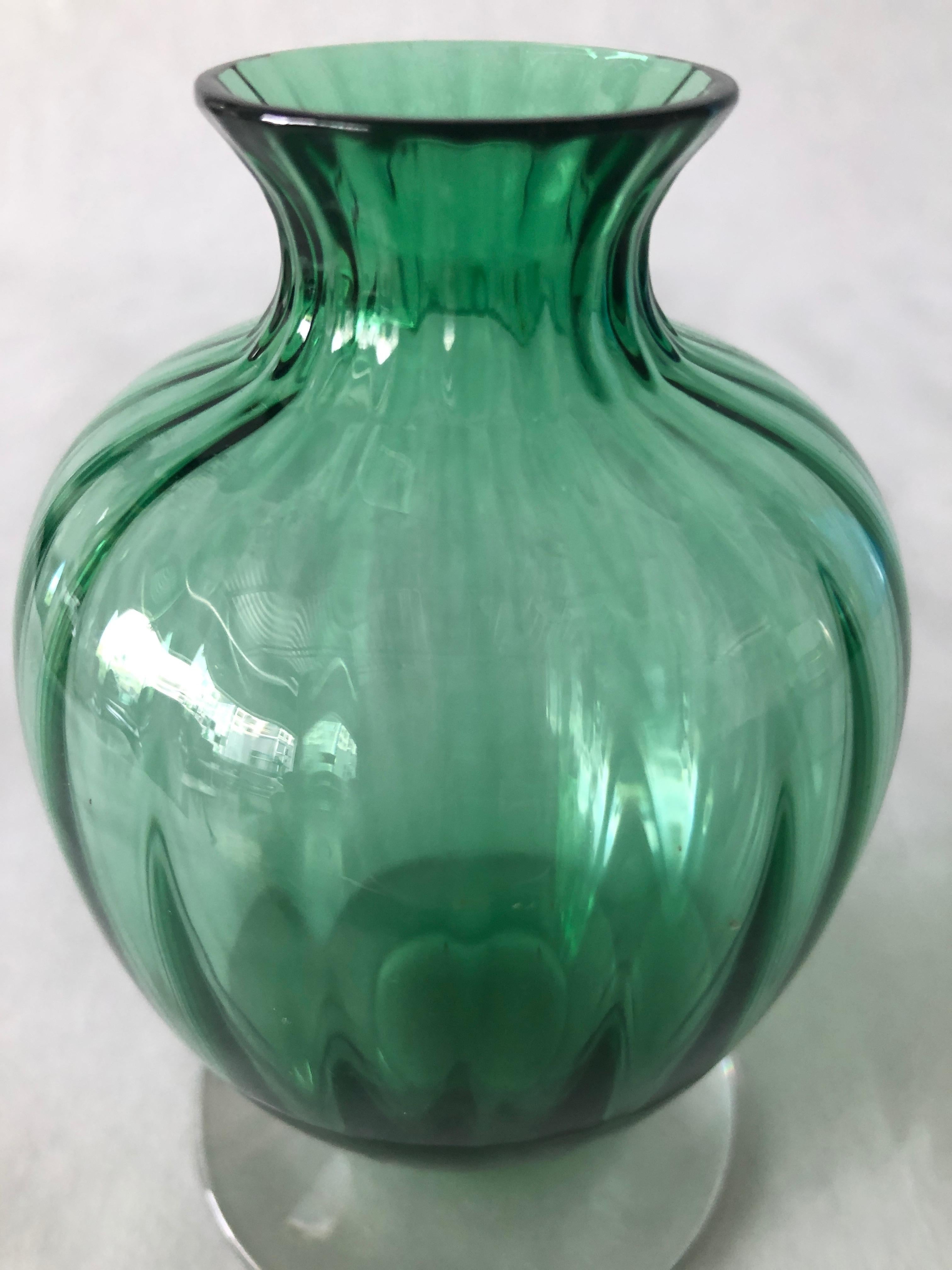 Signed Baccarat Emerald Green Crystal with Clear Stem Ribbed Baluster Vase For Sale 1