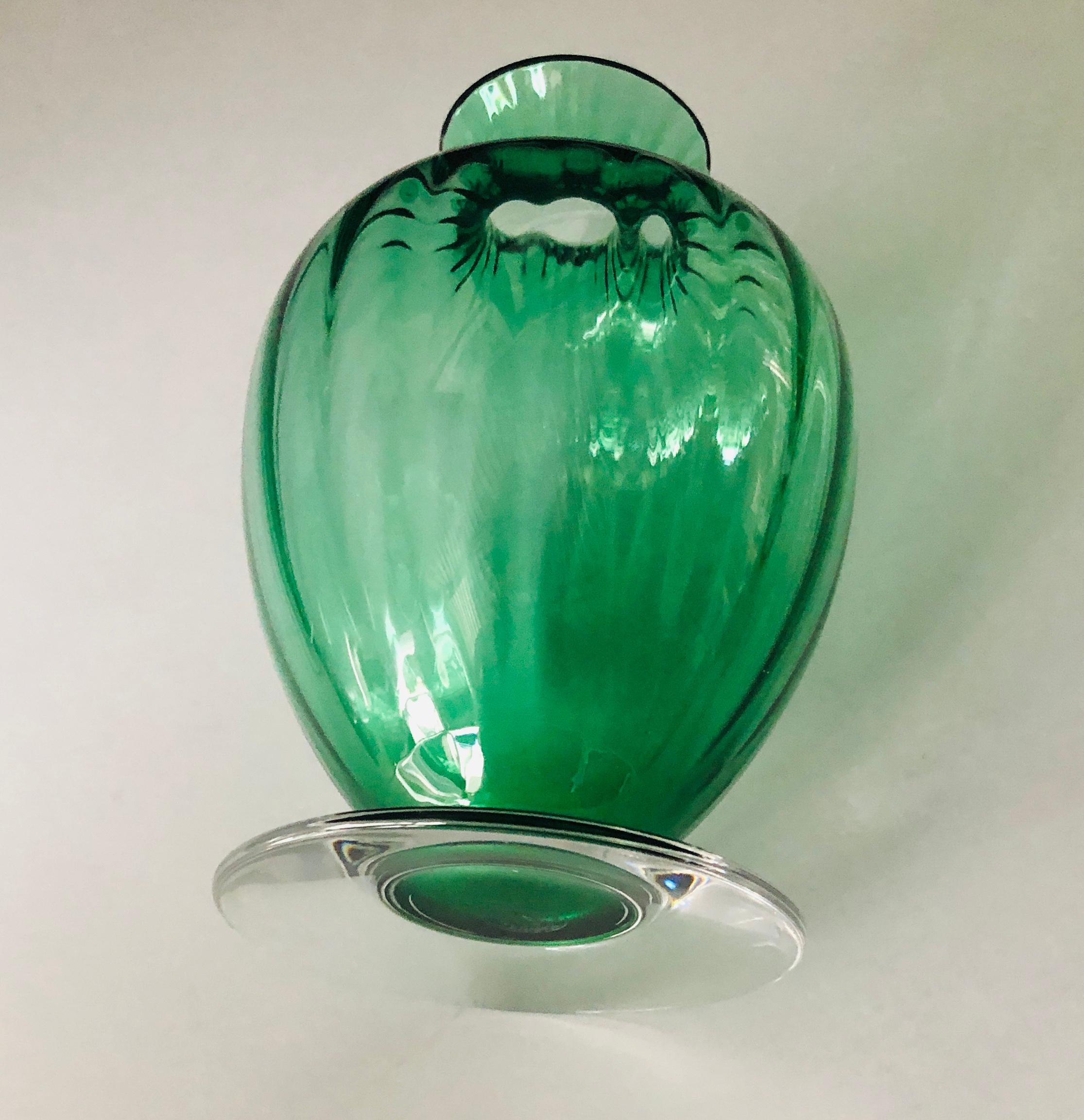 Modern Signed Baccarat Emerald Green Crystal with Clear Stem Ribbed Baluster Vase For Sale