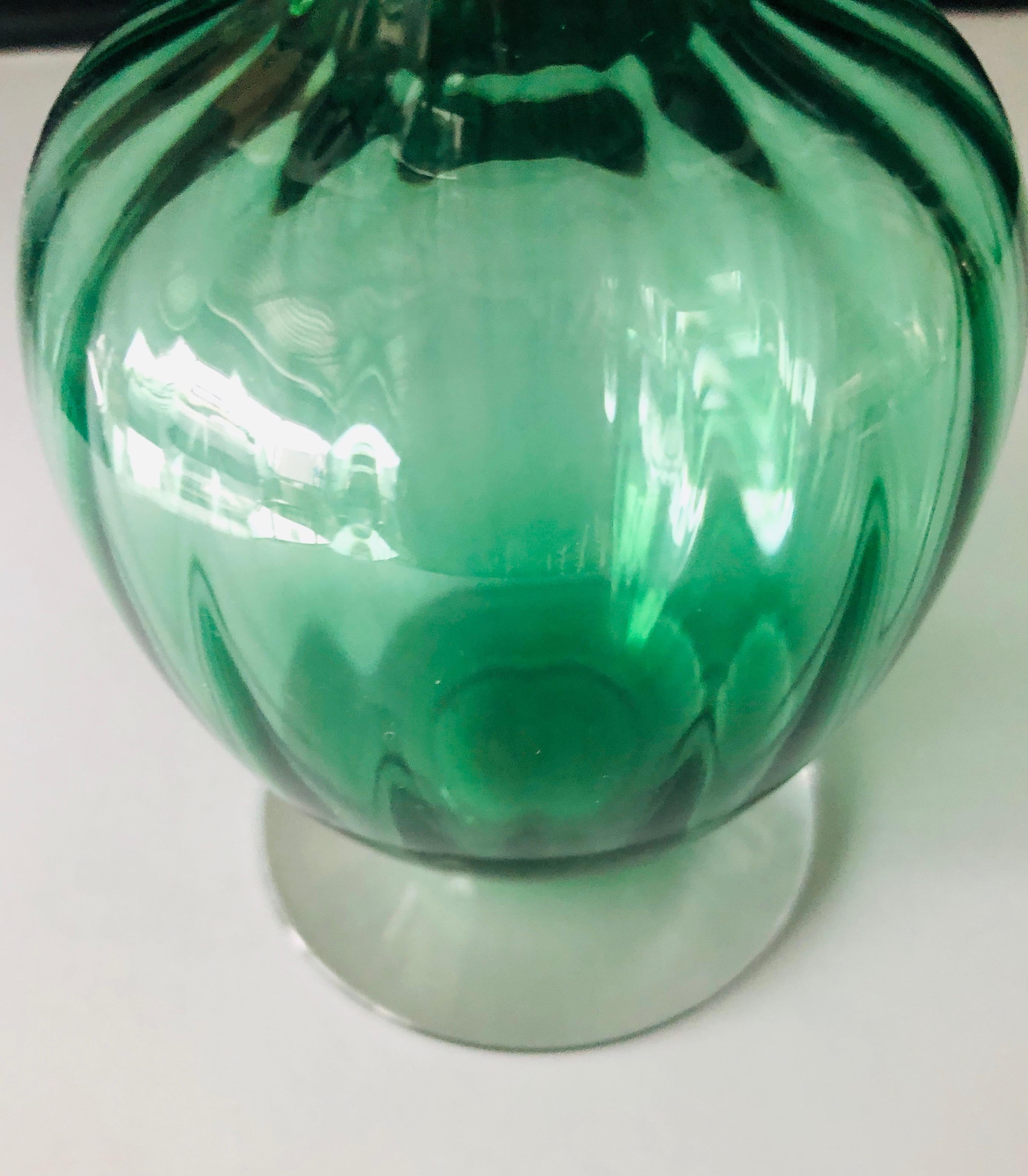 Signed Baccarat Emerald Green Crystal with Clear Stem Ribbed Baluster Vase For Sale 6