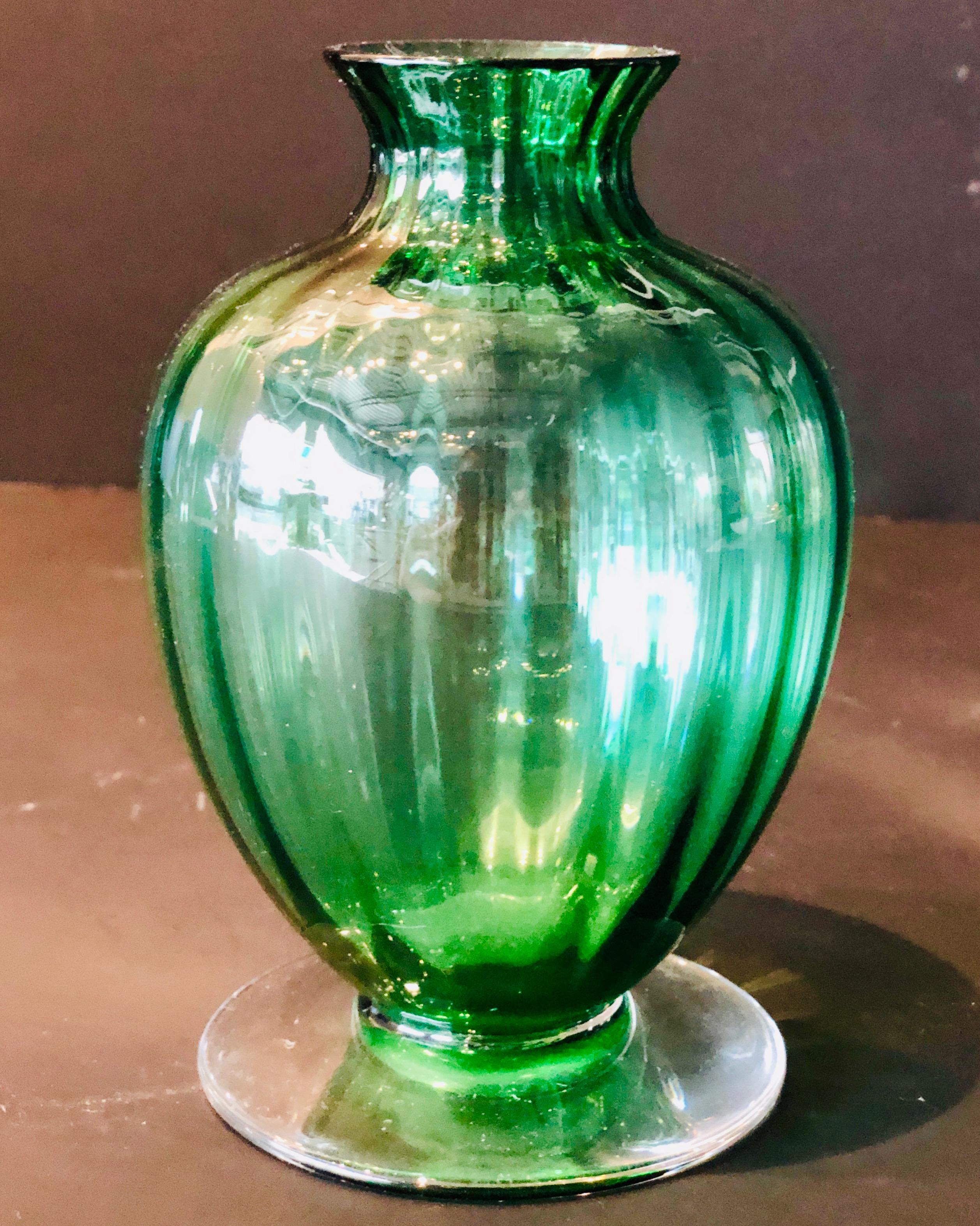 Signed Baccarat Emerald Green Crystal with Clear Stem Ribbed Baluster Vase For Sale 9