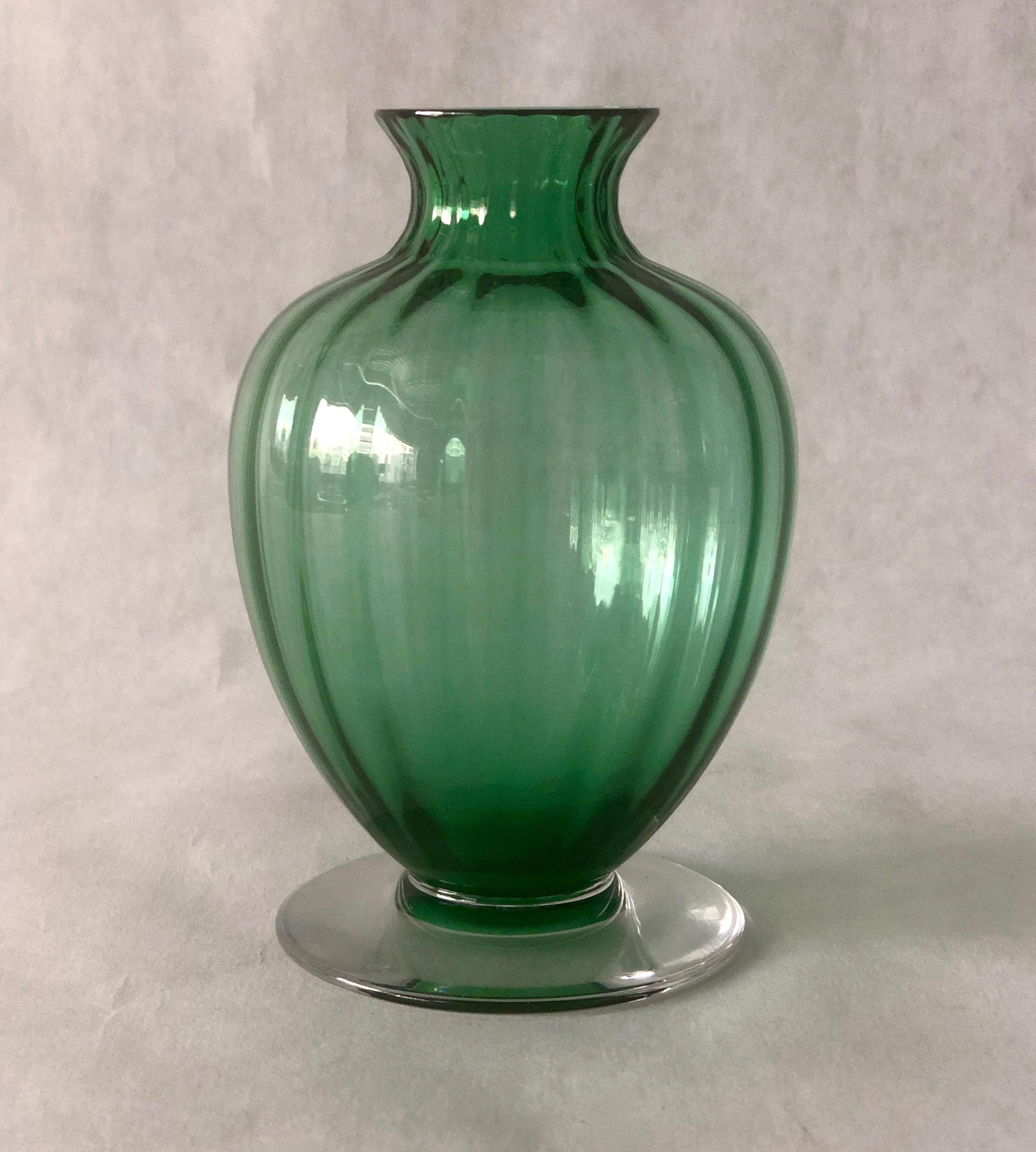 French Signed Baccarat Emerald Green Crystal with Clear Stem Ribbed Baluster Vase For Sale