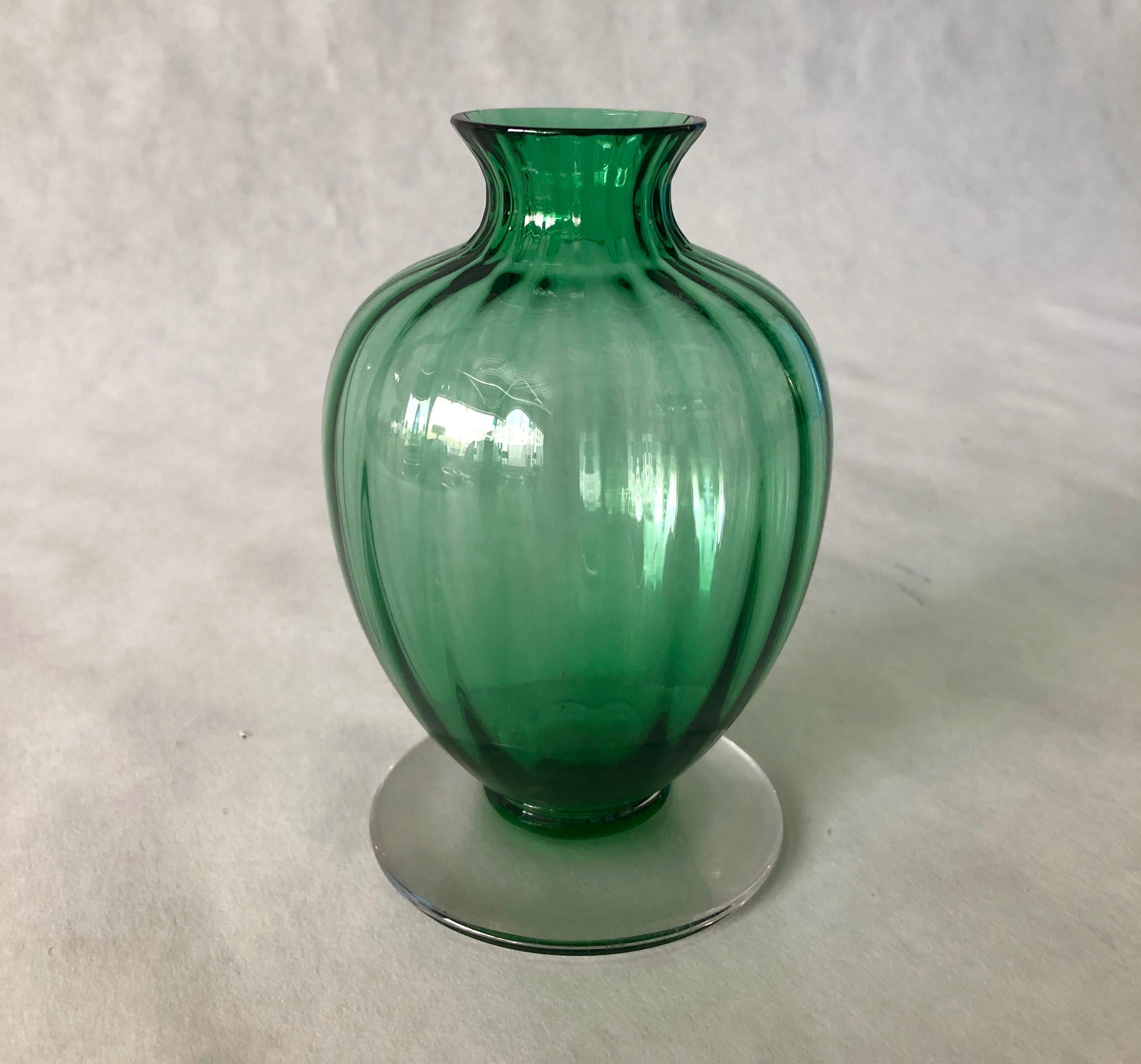 20th Century Signed Baccarat Emerald Green Crystal with Clear Stem Ribbed Baluster Vase For Sale