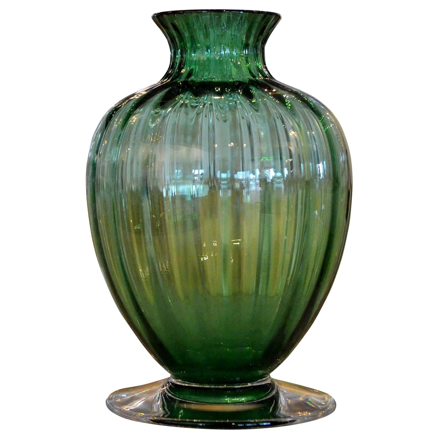 Signed Baccarat Emerald Green Crystal with Clear Stem Ribbed Baluster Vase For Sale