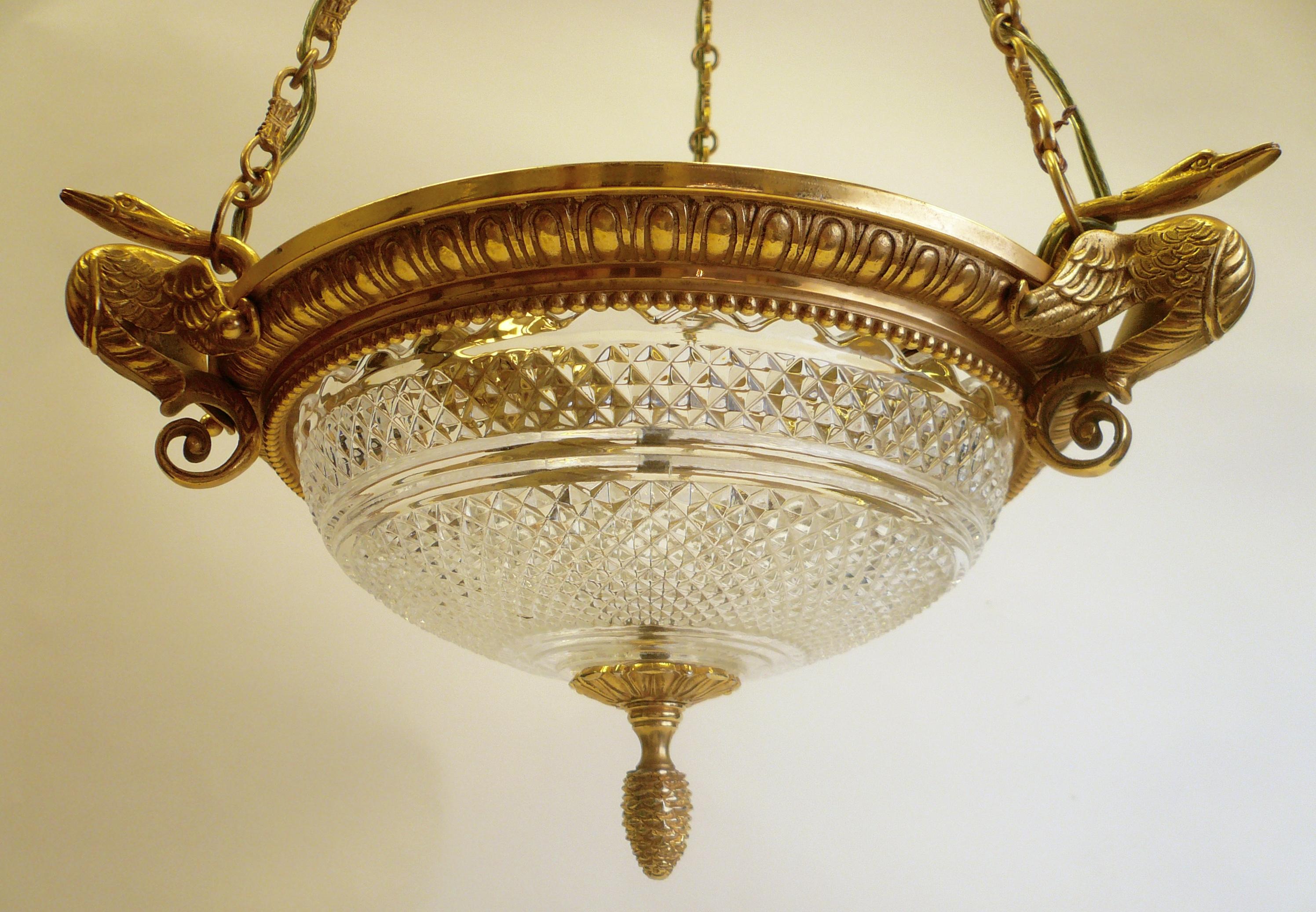 French Signed Baccarat Gilt Bronze and Crystal Pendant Chandelier