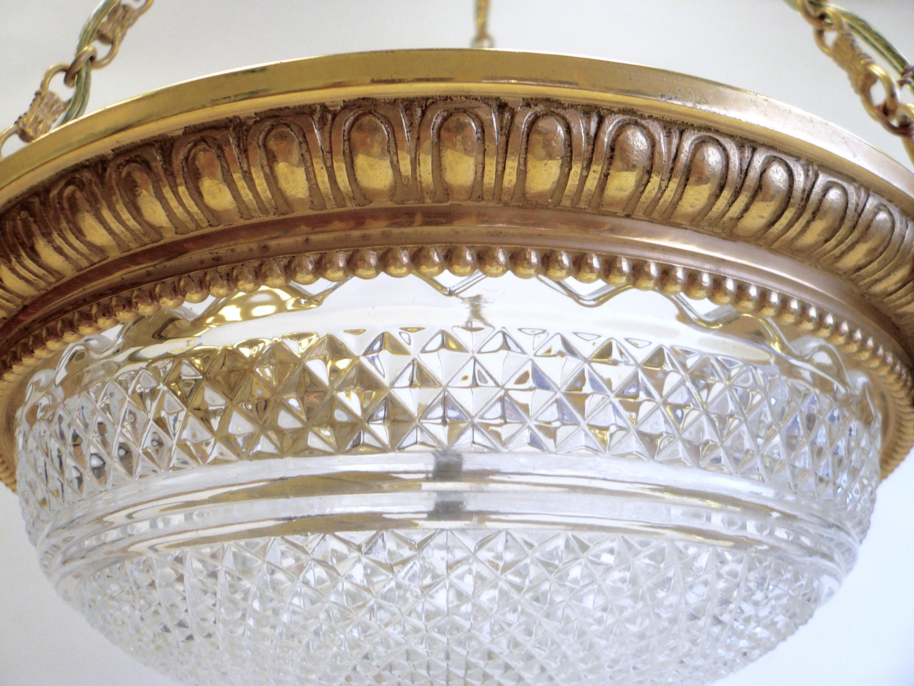 Faceted Signed Baccarat Gilt Bronze and Crystal Pendant Chandelier