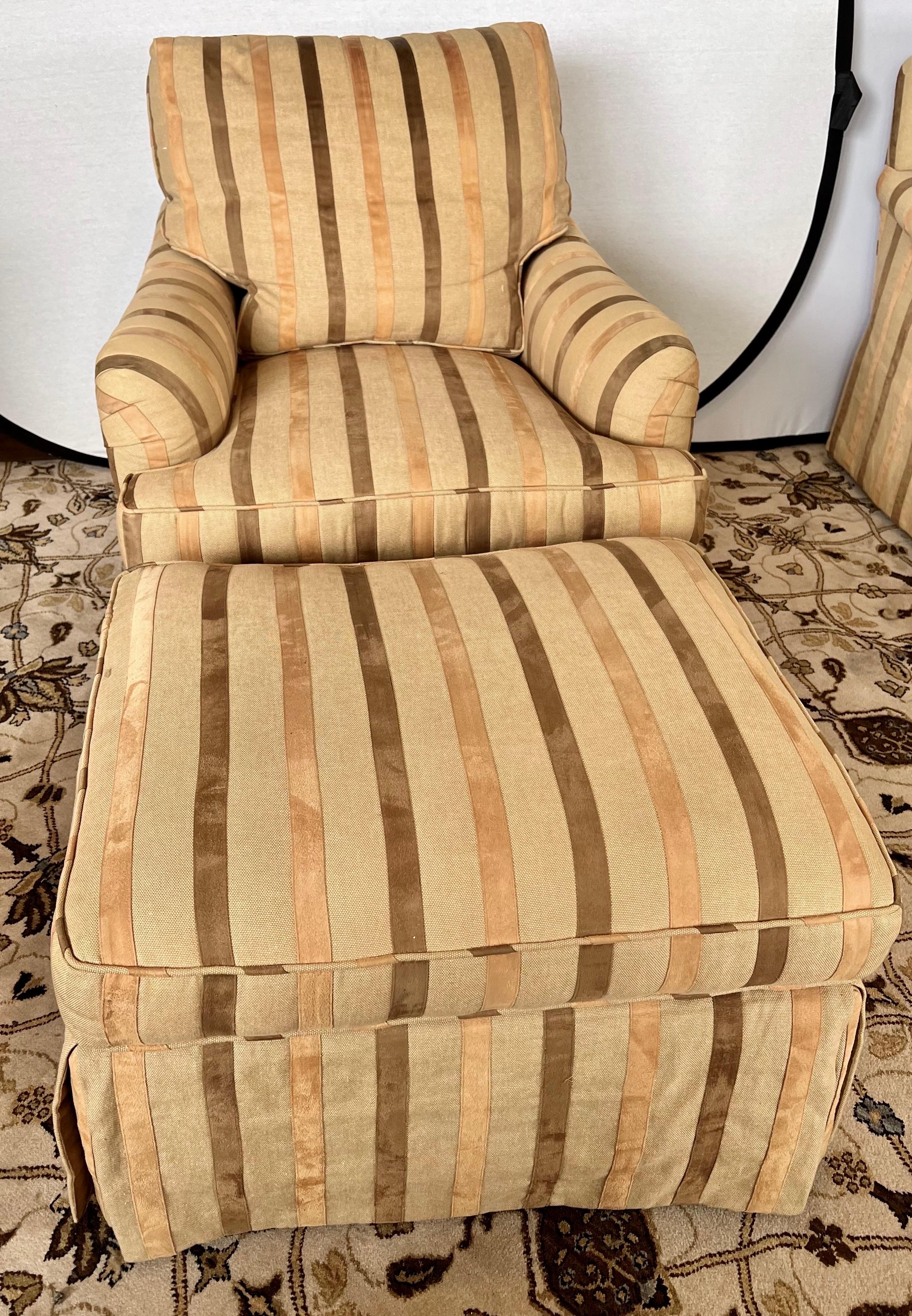 Signed Baker Furniture chair and ottoman combo where upholstery includes stripes that are done in suede - one with saddle brown and one with darker brown.  Age appropriate wear but remember Baker Furniture makes some of the finest furniture in the