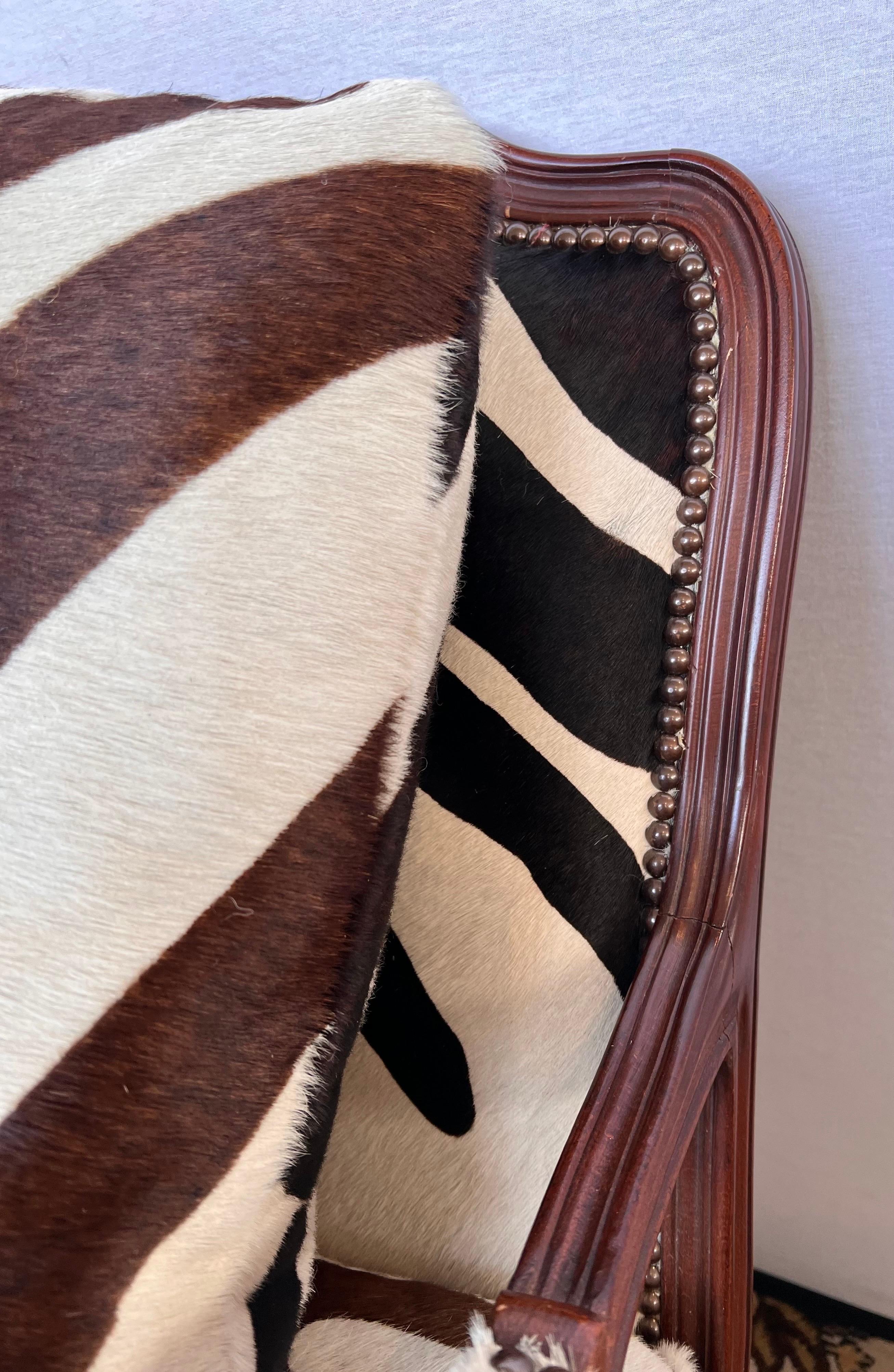 Baker Furniture Mahogany Bergere Chair Newly Upholstered in Calfskin Zebra Print 1