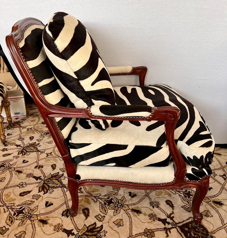 Baker Furniture Mahogany Bergere Chair Newly Upholstered in Calfskin Zebra Print For Sale 4