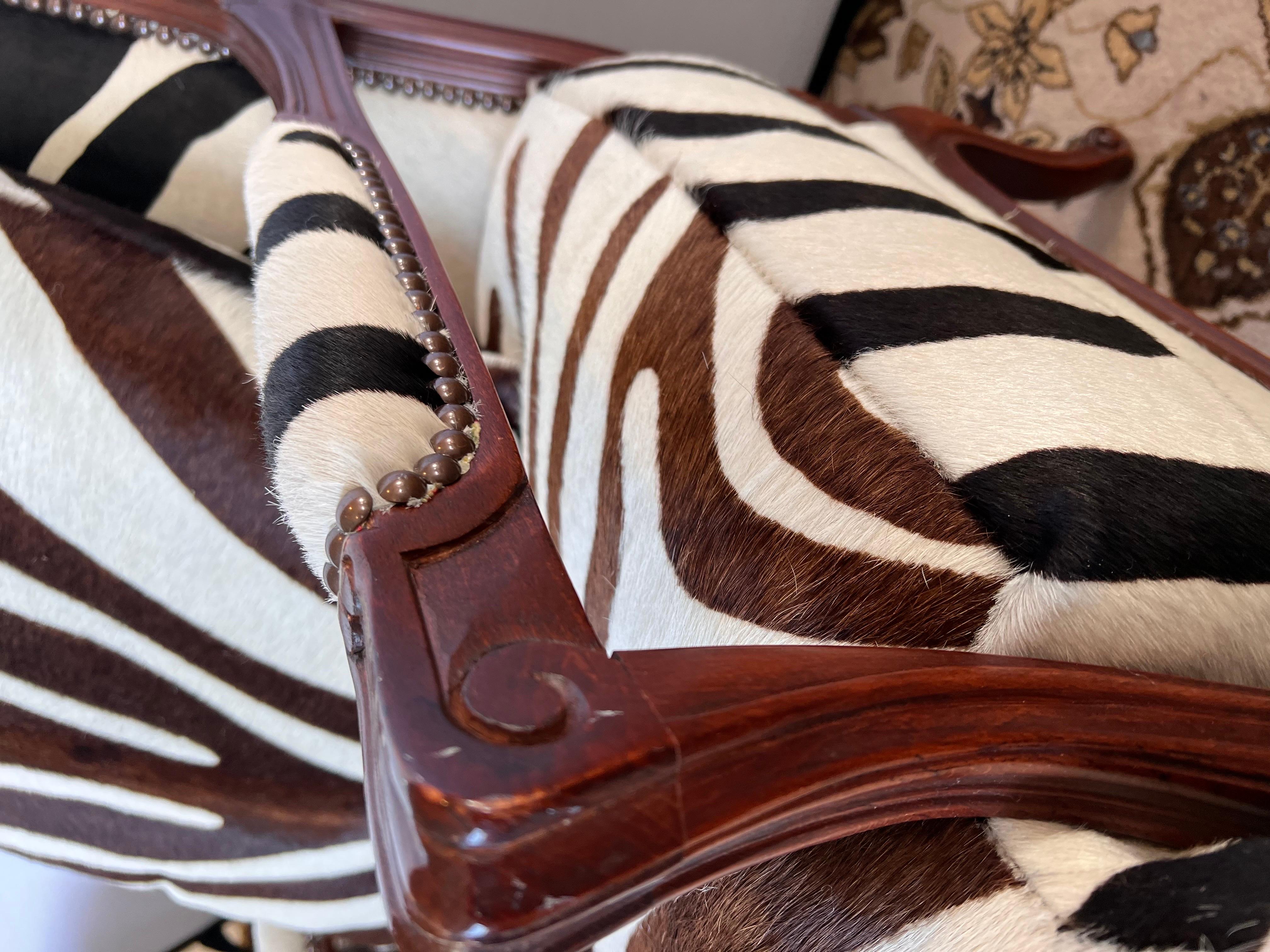 Baker Furniture Mahogany Bergere Chair Newly Upholstered in Calfskin Zebra Print 2