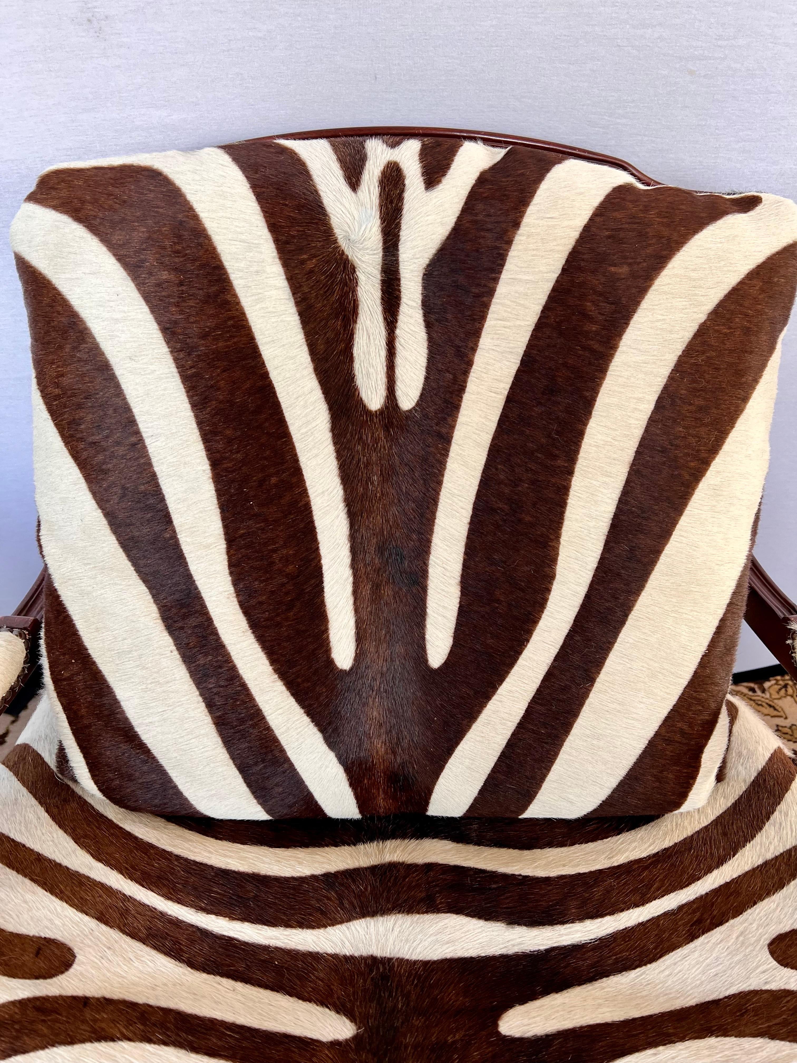 American Baker Furniture Mahogany Bergere Chair Newly Upholstered in Calfskin Zebra Print